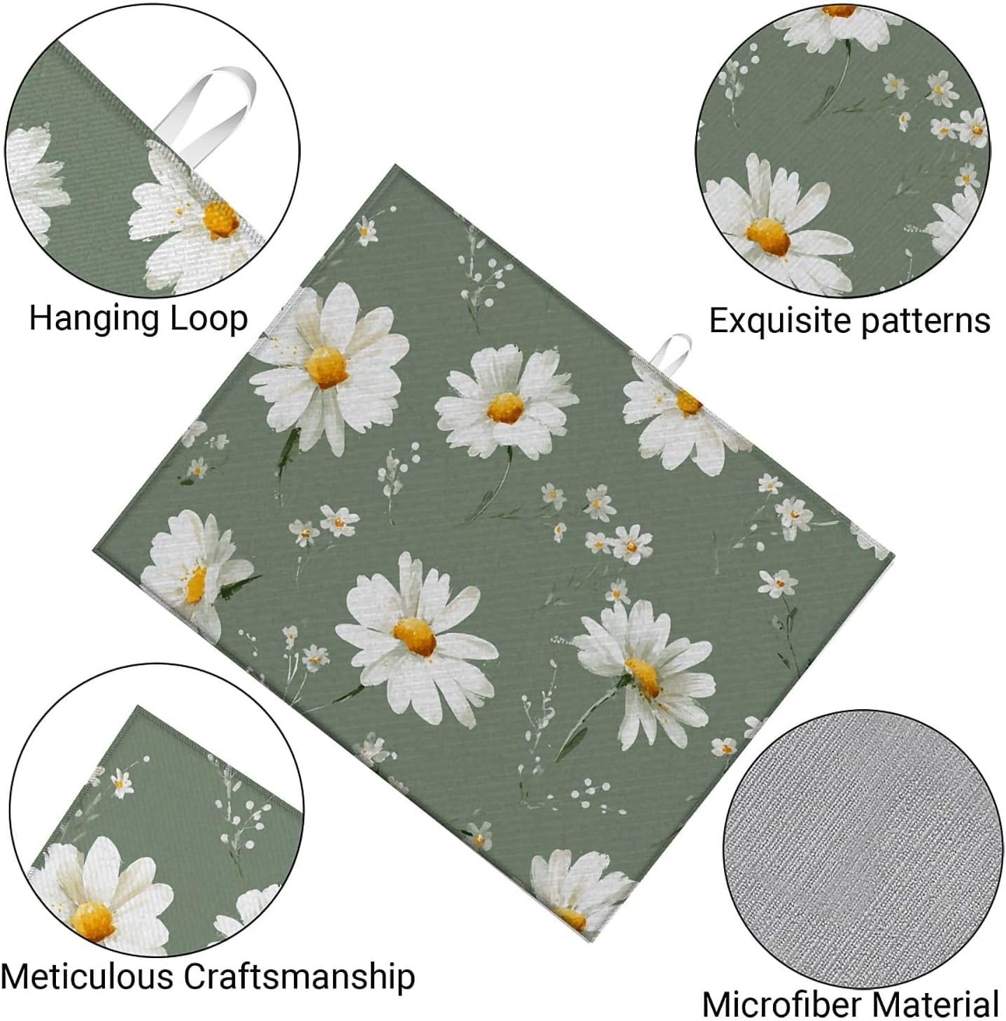 Dish Drying Mat For Kitchen Counter, White Daisy Flowers Microfiber Absorbent Dish Drainer Rack Pad Reusable Large 18x24in Drying Mat