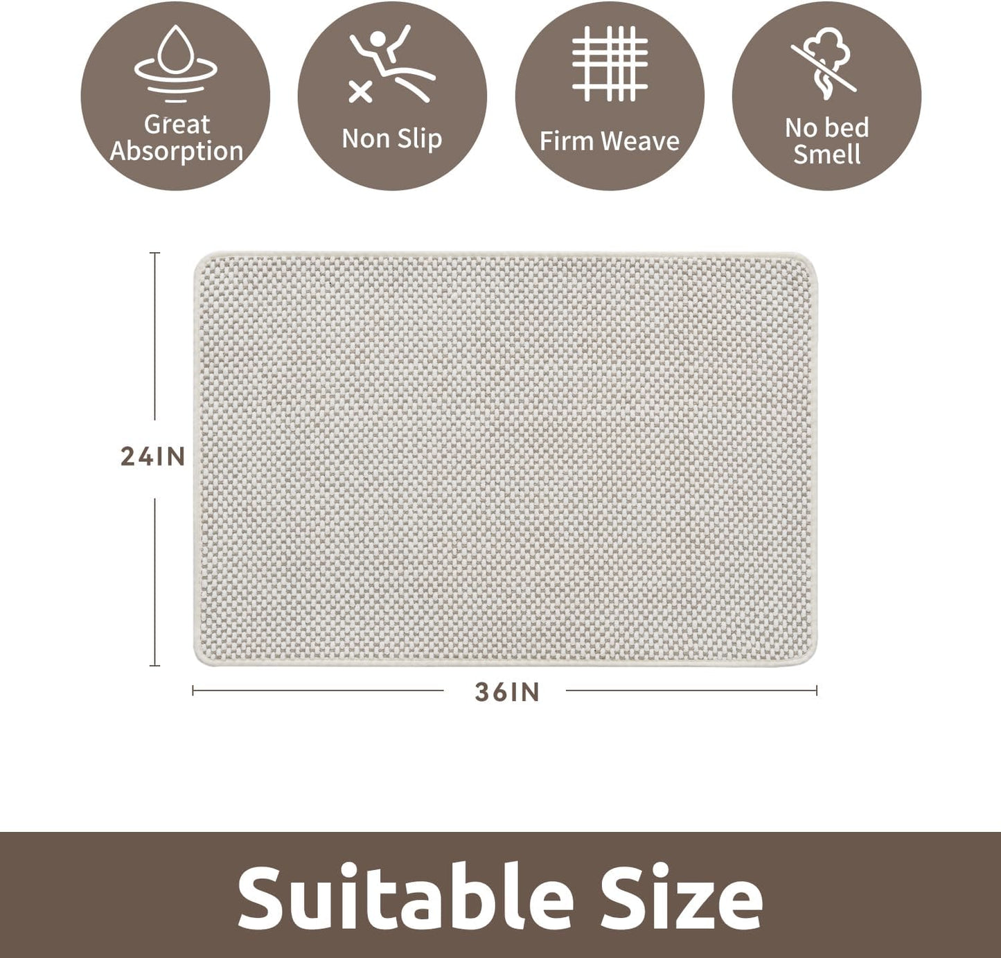 AMOAMI Chenille Bath Mat Super Absorbent Bathroom Mat Quick Dry Bath Mats for Bathroom Rubber Backed Bathroom Rugs Non Slip Washable Fit Under Door, Front of Bathtub, Sink, Beige&White 24"x36"