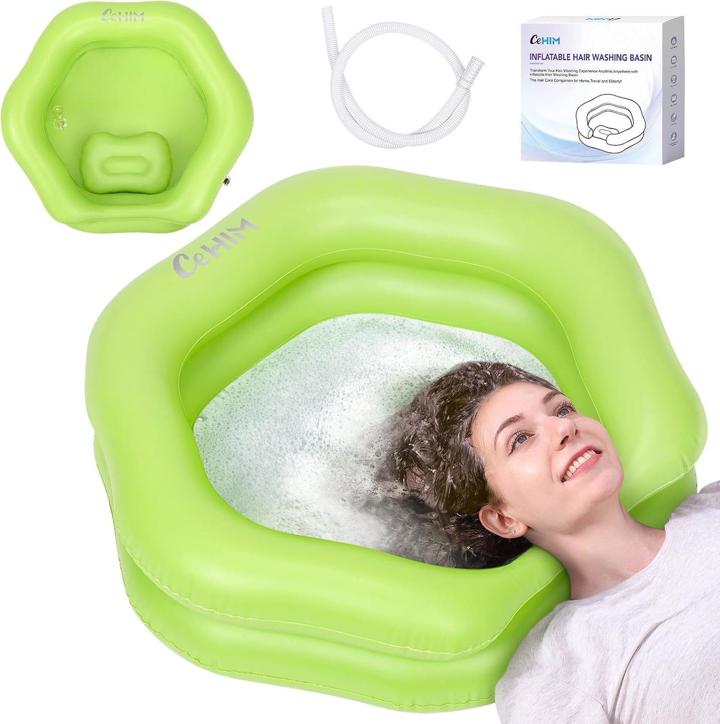 Inflatable Shampoo Basin for Bedridden, Elderly & Disabled - Petal-Shape Large Size, 360° Neck Support, Central Drain Hole with Pull Ring | Leak-Proof PVC Portable Hair Washing Bowl (Green)
