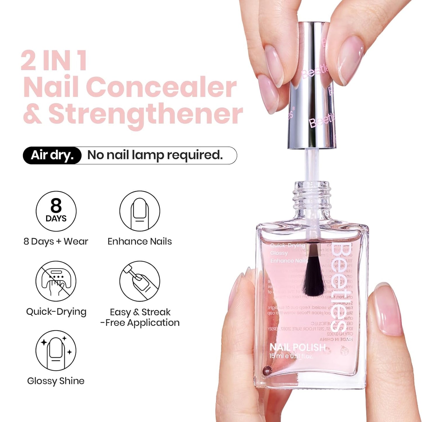 Beetles Nail Strengthener - Clear Pink Nail Concealer Fast Air Dry Clear Air Dry Nail Growth for Damaged Uneven Nails Fingernail Polish for Pink Bliss Nail Art Manicure Salon Quality