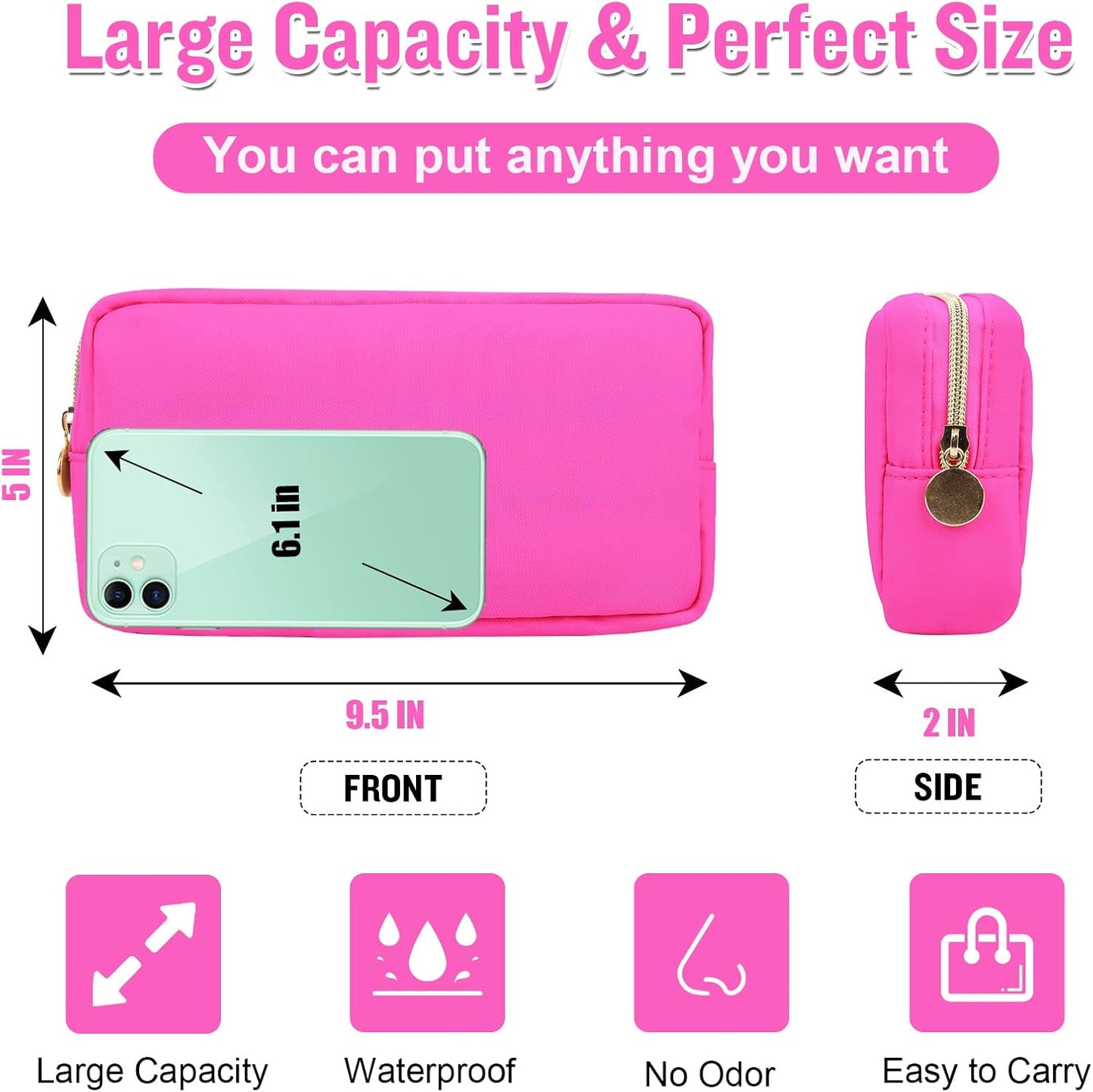 Nylon Small Makeup Bag for Purse, Cute Preppy Makeup Bag Cosmetic Zipper Pouch Purse, Waterproof Portable Travel Toiletry Bag Clutch Makeup Brush Bag Organizer Storage for Women Men Girls(Hot Pink)