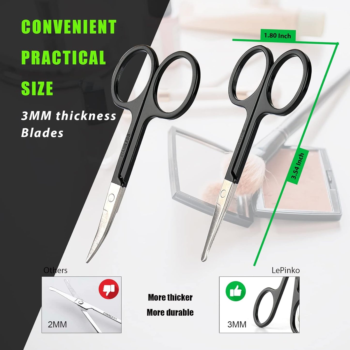 Facial Hair Small Grooming Scissors For Men Women - Eyebrow, Nose Hair, Mustache, Beard, Eyelashes, Ear Trimming Kit - Curved and Rounded Safety Tip Clippers For Hair Cutting- 2PCS Black