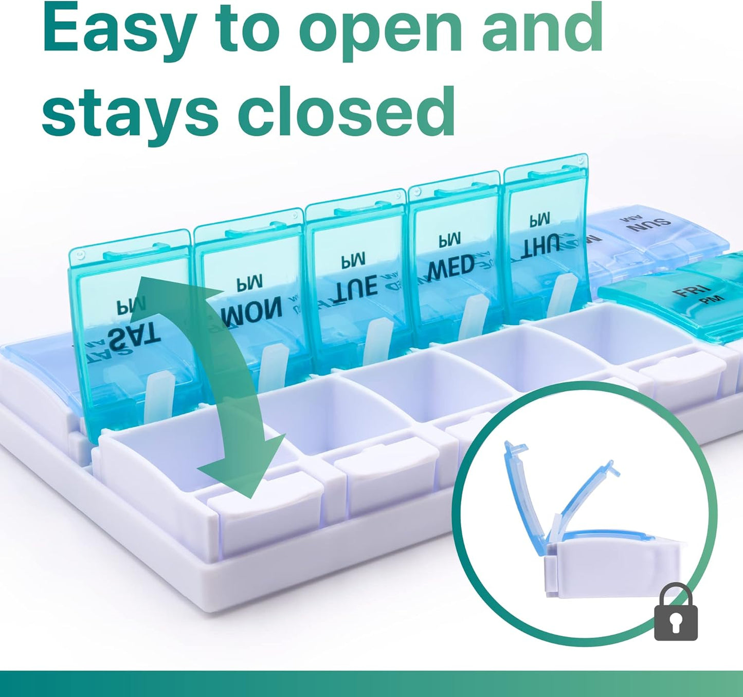 Sukuos AM PM Weekly 7 Day Pill Organizer, 2 Times A Day Pill Box with Arthritis Friendly Push Button, Medicine Cases for Vitamin/Fish Oil/Supplements, Easy to Clean (Cyan&Blue)