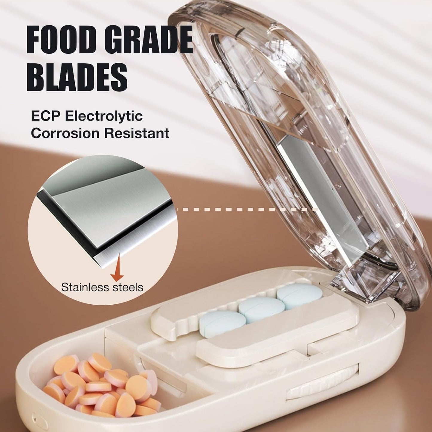 Portable Pill Cutter with Adjustable Slots – Multi Pill Splitter for Small & Large Tablets, Stainless Steel Blade, Clear Cut, Non-Slip Design, Easy to Use for Weekly Medication(Beige, 1/2)