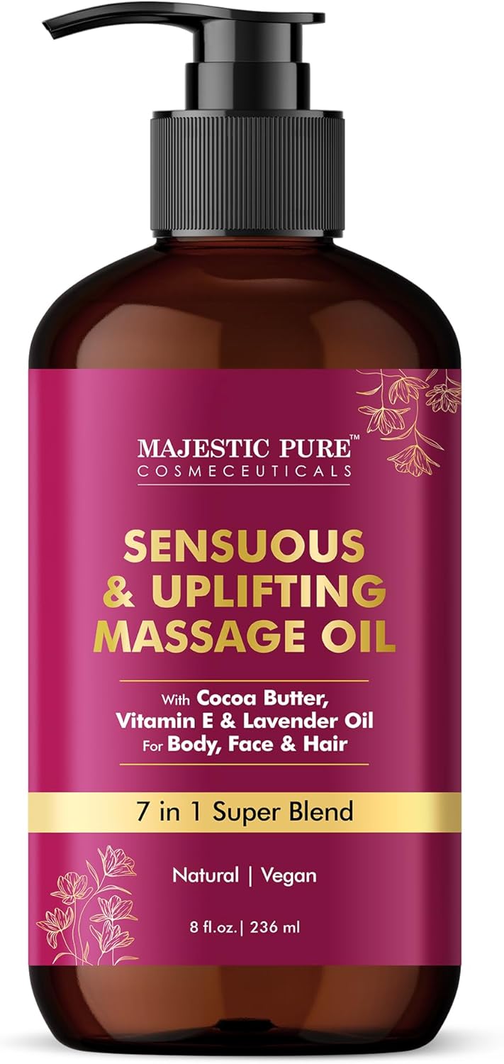 MAJESTIC PURE Cocoa Massage Oil for Massage Therapy - Refreshing, and Relaxing - Natural Oils with Cocoa Butter, Vitamin E & Lavender Oil - for All Skin Types - Men and Women - 8 fl oz