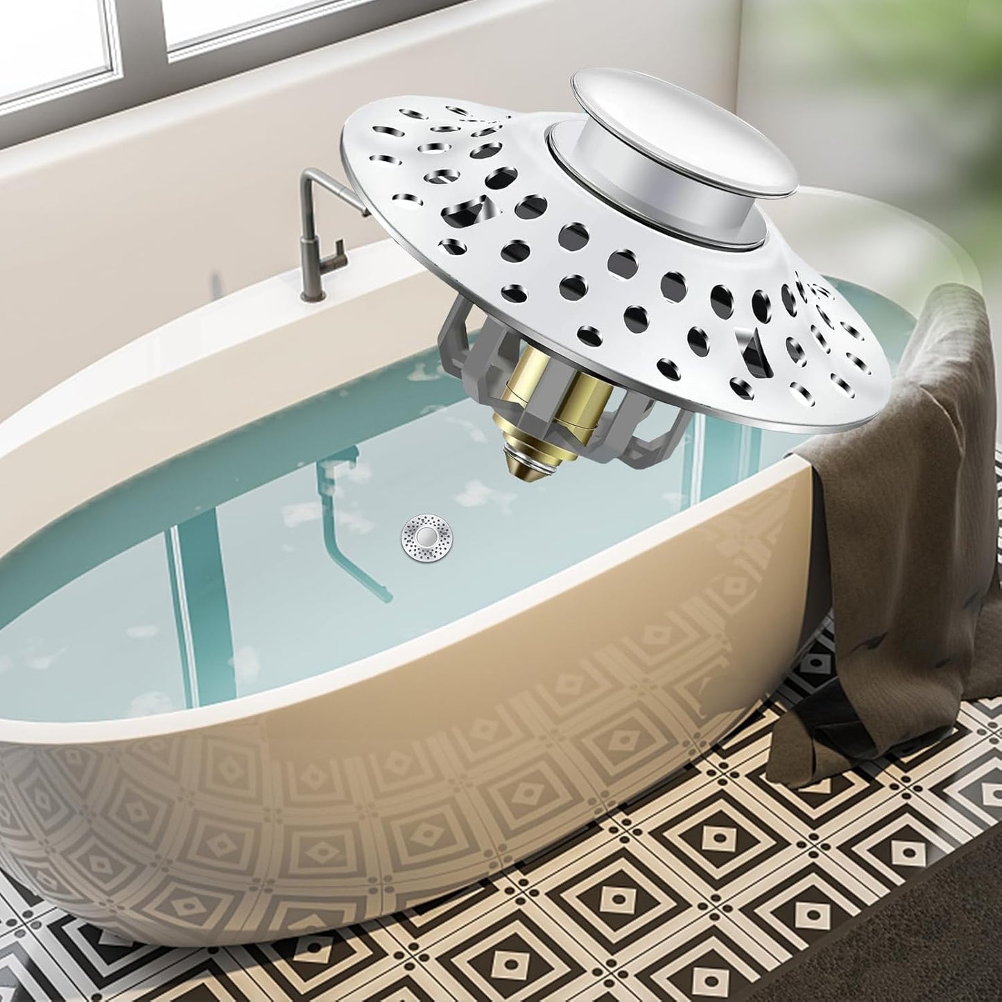 Tub Stopper Bathtub Drain Hair Catcher, 2 in 1 Bathtub Drain Stopper, Bathtub Stopper with Dual Filtration Design, Pop Up Bathtub Drain Plug for 1.4-1.9" Drain Hole