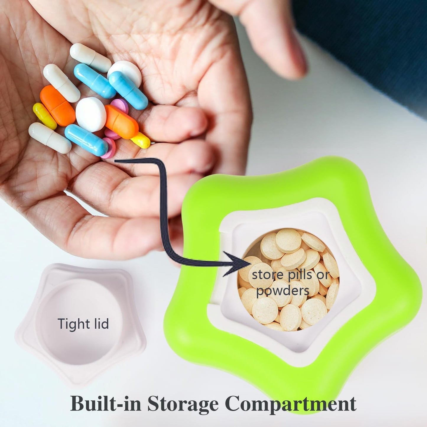 Johnbee Pill Crusher, Pill Grinder Fine Powder Extremely Fine. Storage Compartment. Pill Crushers for Elderly, Family and Pets. Silicone Edges. Grind Multiple Pills at Once - Cleaning Brush (Green)