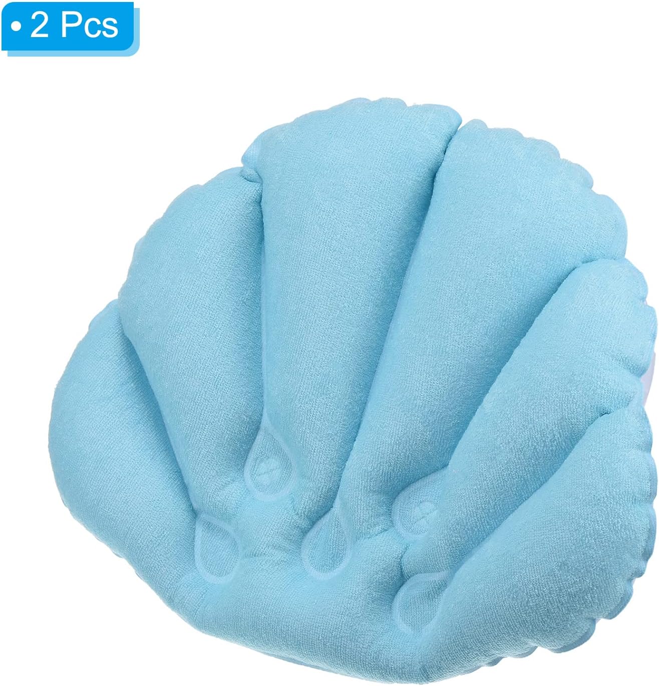 PATIKIL Inflatable Bath Pillow with Suction Cups, 2 Pack Terry Cloth Covered Shell Shape Bathtub Spa Pillow Neck Support for Bathtub Hot Tub, Blue