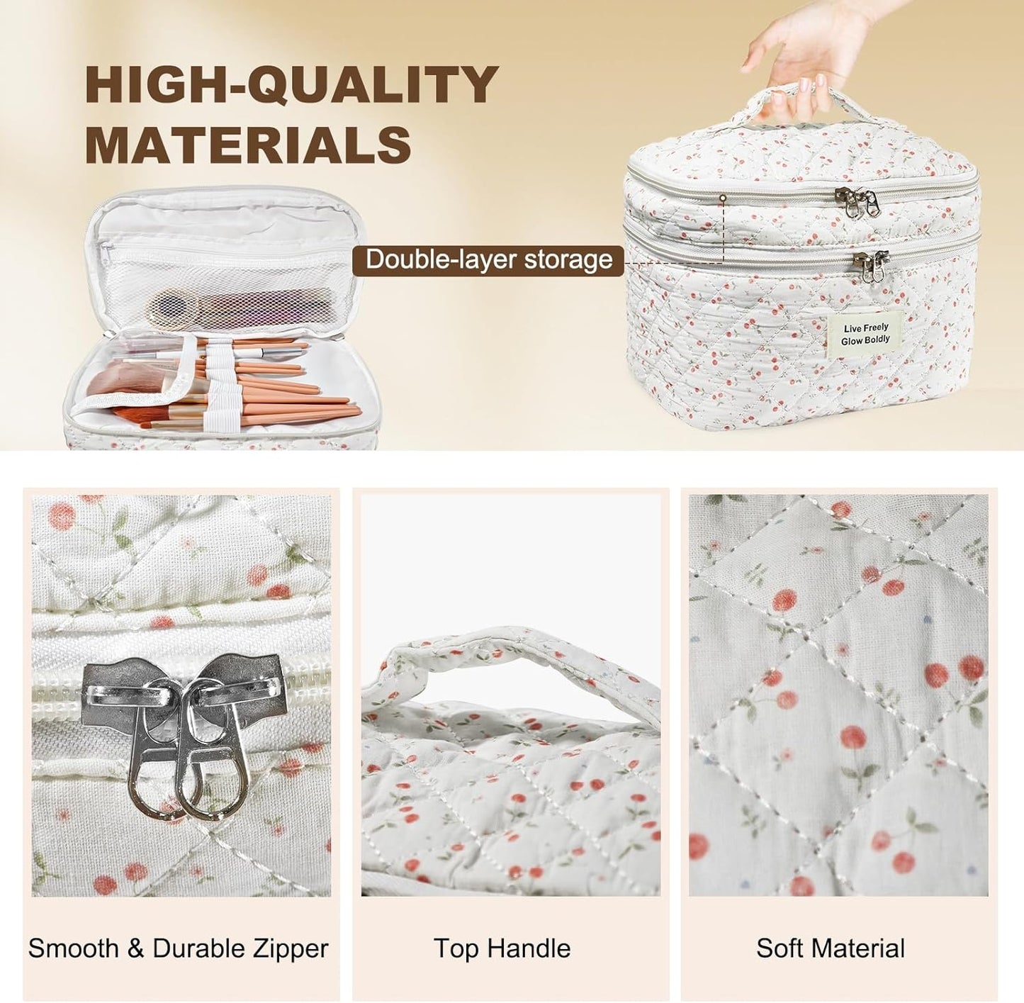3Pcs Large Travel Quilted Makeup Bag, Double Layer Cute Floral Cotton Toiletry Bag, Aesthetic Flower Cosmetic Bag Coquette Skincare Organizer Bag for Women (79-Cherry)