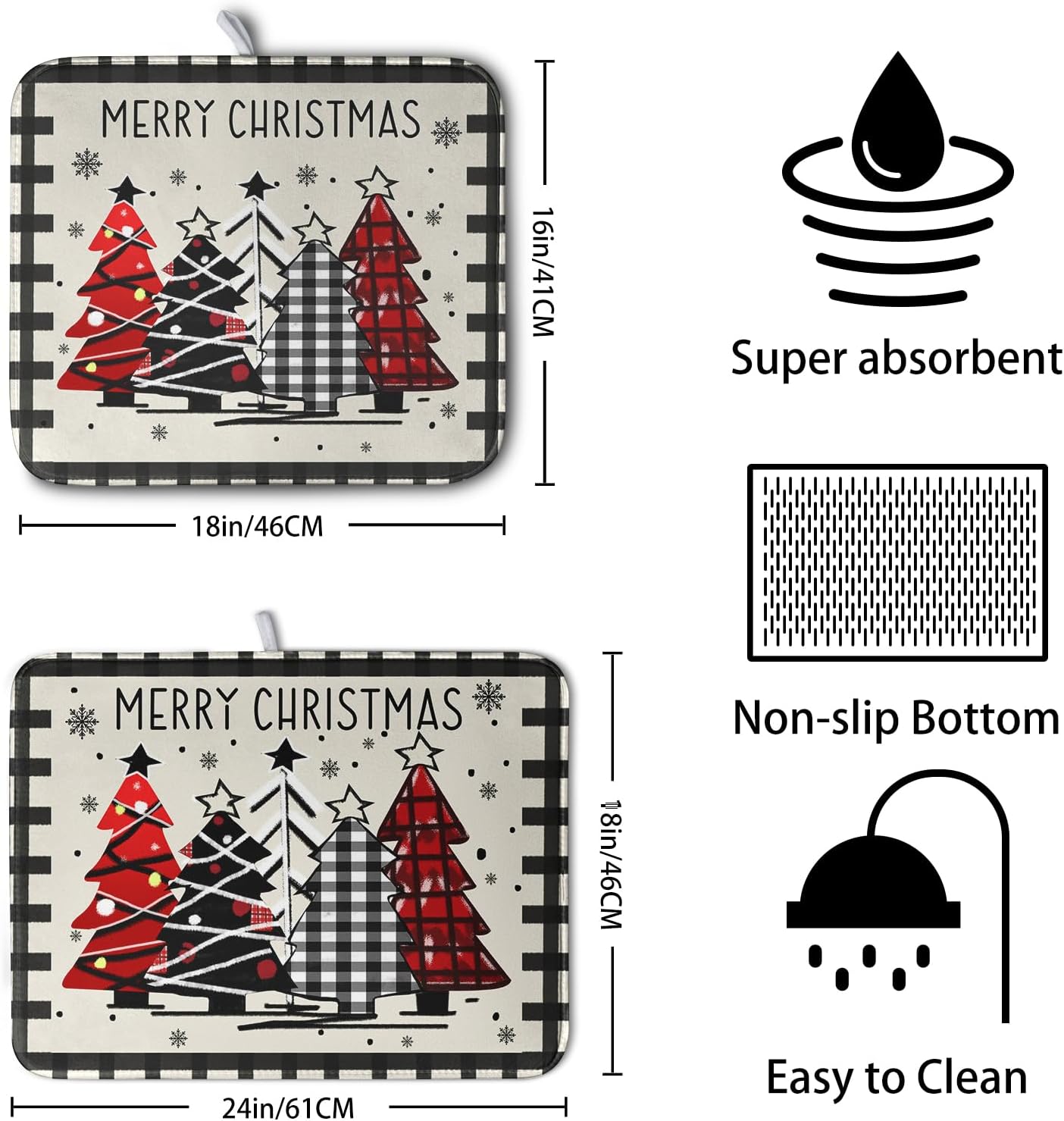 Christmas Trees Kitchen Dish Drying Mat 18x24 Inch Merry Christmas Black White Buffalo Plaid Dish Drainer Mat Absorbent Reversible Microfibe Drying Dish Pad for Winter Kitchen Counter Decor