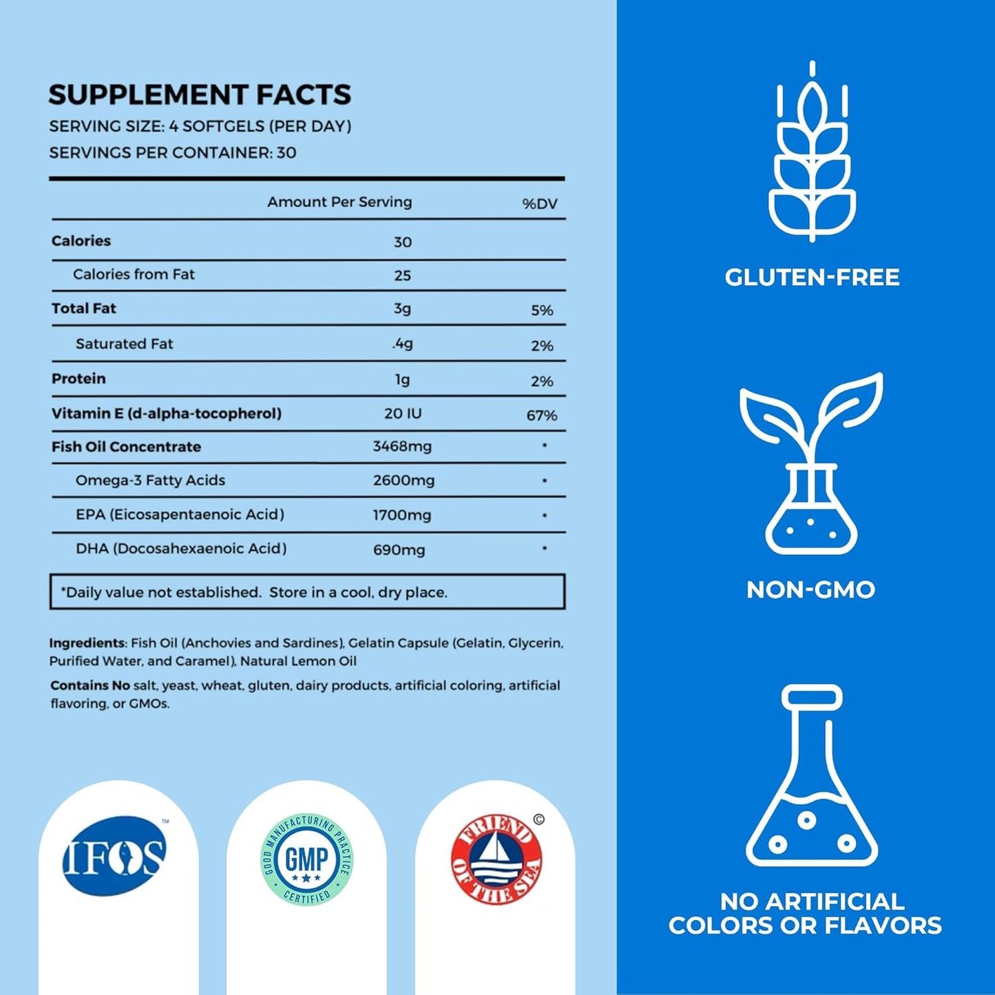 Fish Oil Supplements with Omega 3 Fatty Acids (1 Bottle, 120 Softgels) - High EPA, DHA, & IFOS Fish Oil Pills Support Heart & Joint Health - Burpless Fish Oil Promotes Brain Function