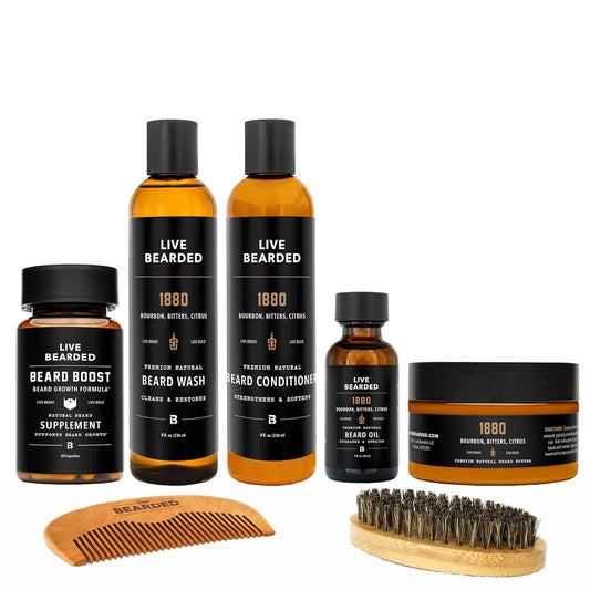 Live Bearded Total Beardsman Kit - Complete Beard Growth Kit for Men - Beard Oil, Butter, Wash, Conditioner, Vitamins, Comb, Brush | 1880 - Bourbon, Bitters, Citrus