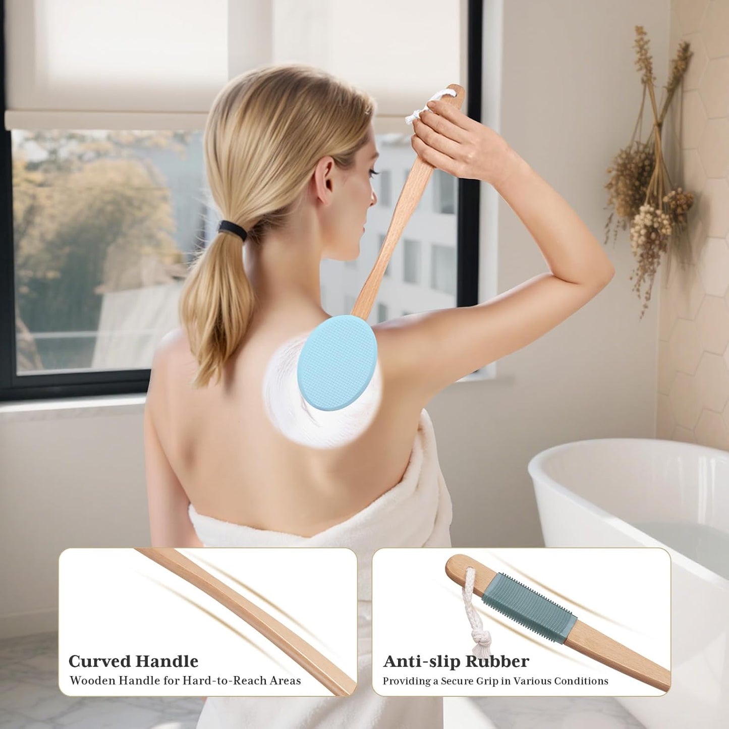 AmazerBath Lotion Applicator for Back, Feet, 4 Replaceable Pads with Long Handle, Back Sunscreen Applicator for Elderly, Women, Apply Cream Medicine Skin Cream Moisturizer Sunscreen Tanner, Blue