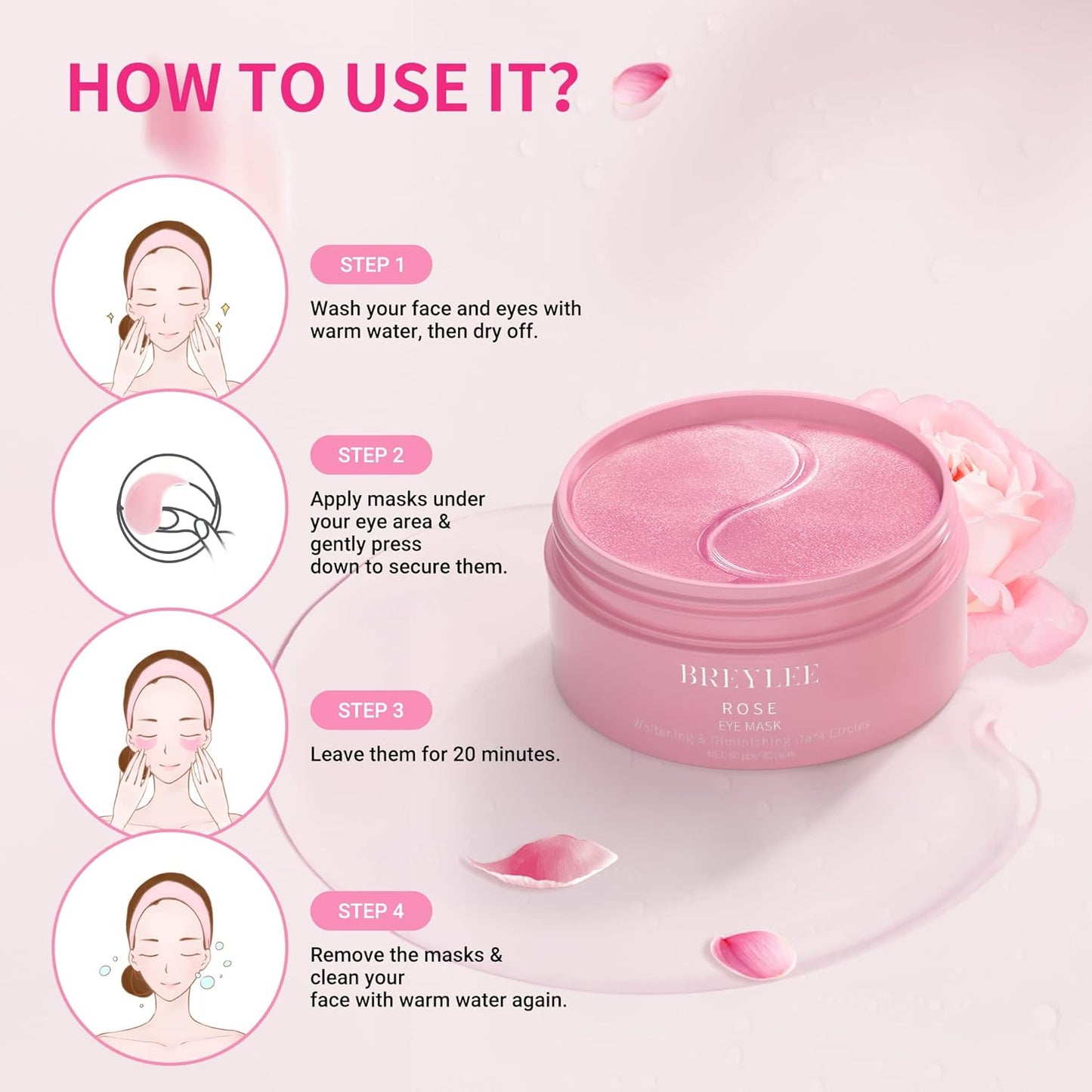 BREYLEE Pink Rose Eye Mask– 30 Pairs - Under Eye Mask Amino Acid & Collagen, Under Eye Mask for Face Care, Eye Masks for Dark Circles and Puffiness, Under Eye Masks for Beauty & Personal Care