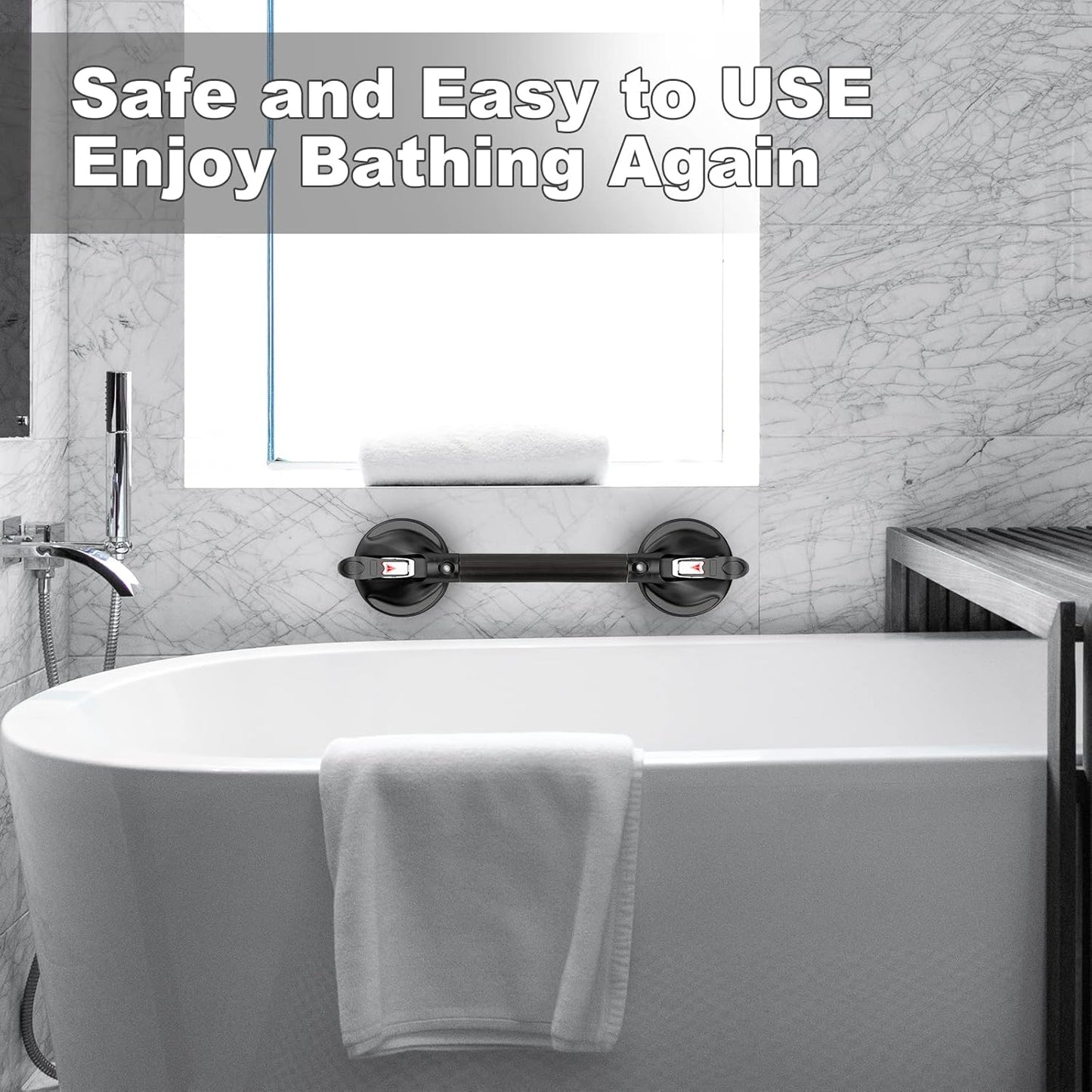 15-Inch Shower Handle - Upgraded Grab Bar with Strong Suction Cups for Bathtub & Shower Safety, Ideal for Seniors, Elderly, Disabled - Black