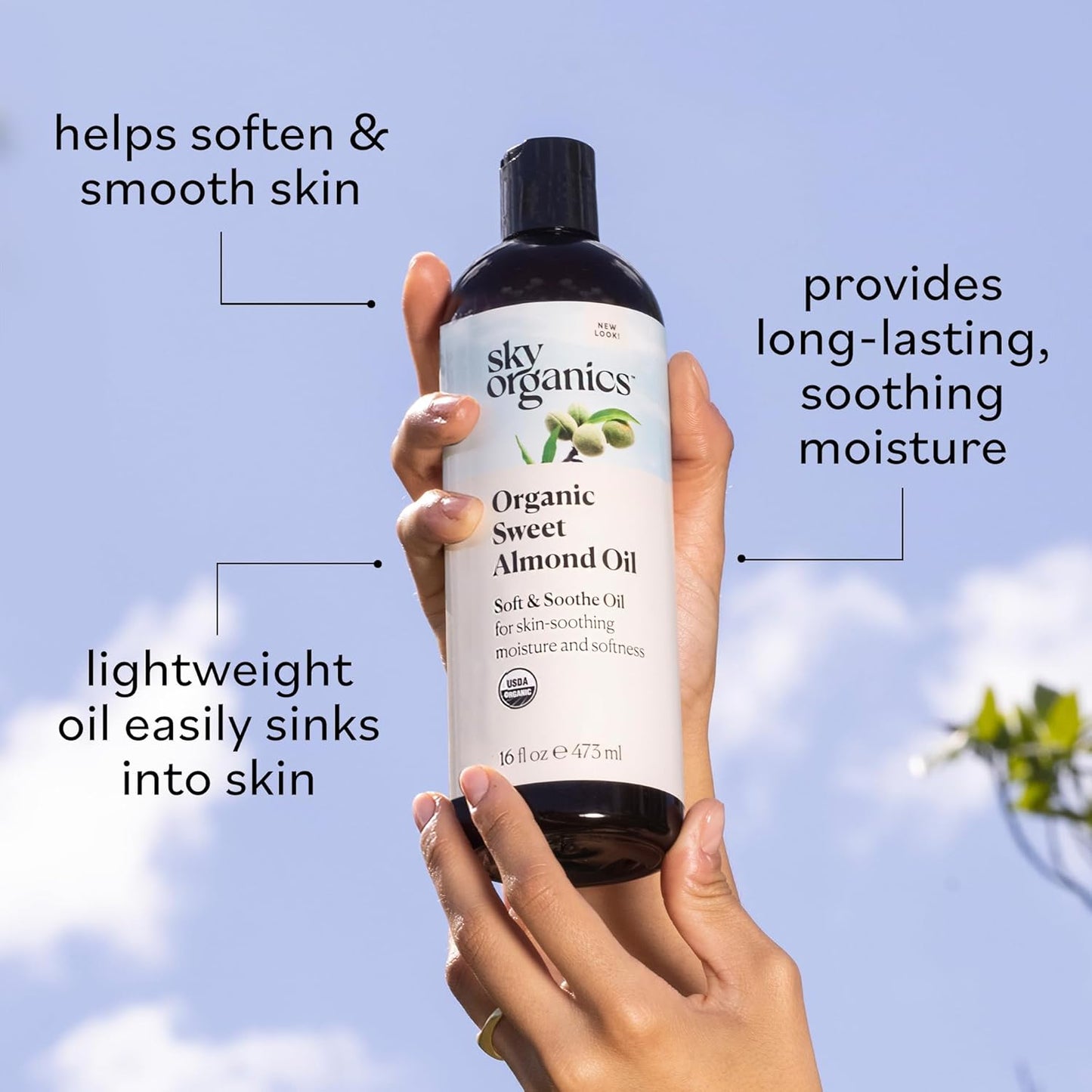 Sky Organics - Organic Sweet Almond Oil, 16 fl oz - Soft & Soothe Oil - Skin Moisturizer - Silky, Lightweight Texture - 100% Pure - Non-Greasy - Natural, Vegan, & Cruelty Free - Beauty & Self Care