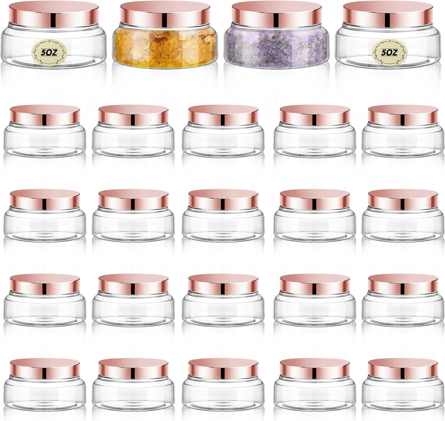 Tessco 24 Pack Plastic Jars with Lids Labels Empty Clear Plastic Jars Round Refillable Cosmetic Containers Body Butter Containers Bulk Sugar Scrub Bottle for Make Up(5 oz,Clear, Rose Gold)