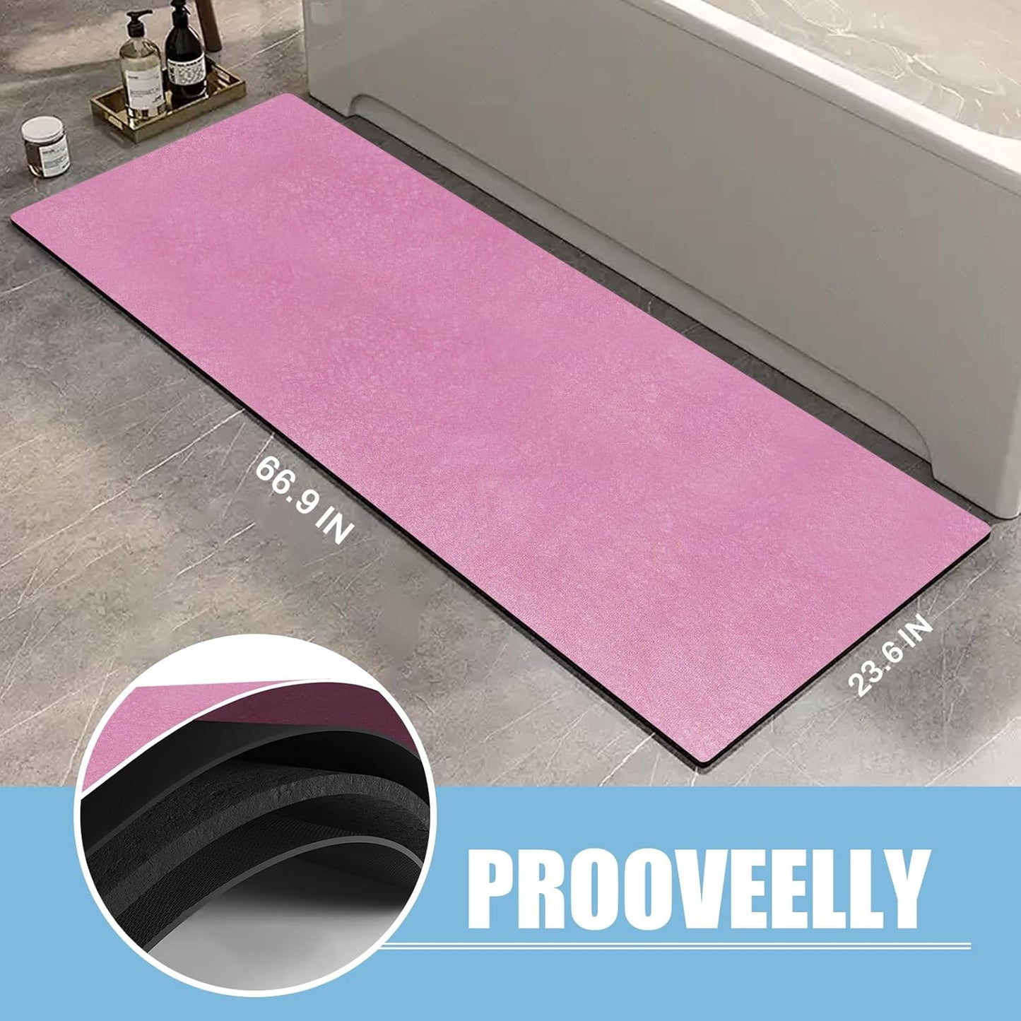 Diatomaceous Earth Bath mat Bathroom Rugs Super Absorbent Quick Dry Non Slip Bath Mat Thin Bathroom Floor Mats Fit Under Door-Shower Rug for in Front of Bathtub Shower, Pink, 23.6"x66.9"