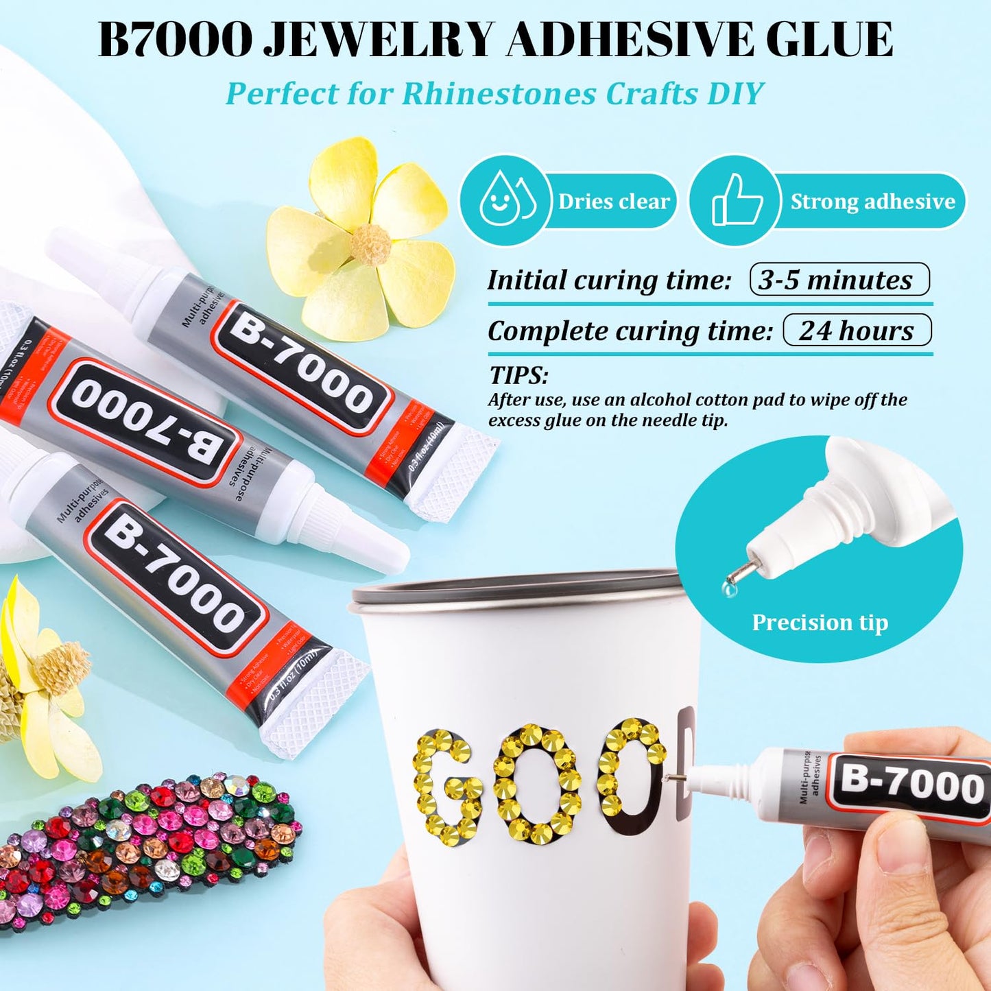 6100Pcs Resin Rhinestones for Crafting with 2Pcs 10ml B7000 Jewelry Glue, 1 Box Flatback Crystals Diamond (Bright Gold) for Bedazzling Crafts DIY Nail Art，Non Hotfix Gems for Clothing Shoes Tumblers