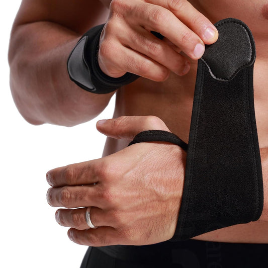 NeoTech Care Wrist Band - Elastic & Breathable Fabric - Adjustable Compression Strap - Men, Women, Right or Left - Support Wrap for Protection or Sports (Black Color, Size M, 1 Pair)