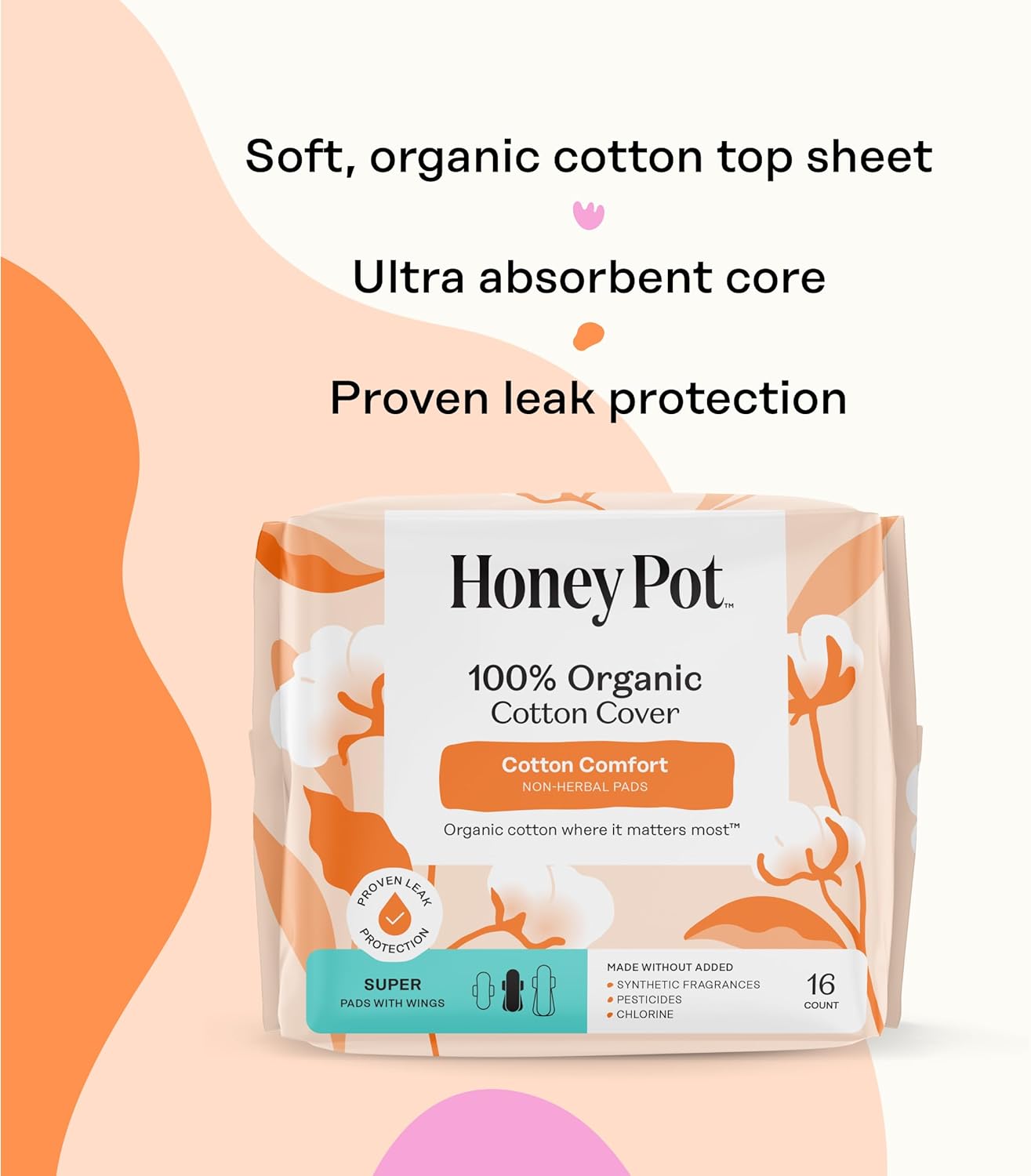The Honey Pot Company - Sanitary Pads for Women - Non-Herbal Super w/Wings - Organic - Cotton Cover & Ultra-Absorbent Pulp Core - Feminine Care - 16 ct