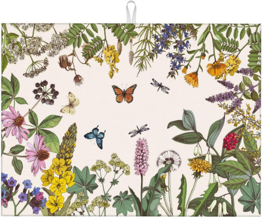 Wild Flower Herbs Dish Drying Mat For Kitchen Counter Absorbent Large Kitchen Fast Dry Pad Reusable Washable Protector Rack Large Mat 18 X 24
