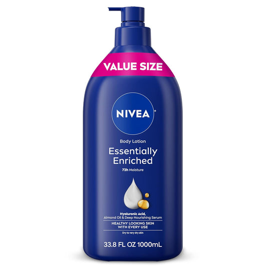 NIVEA Essentially Enriched Body Lotion for Very Dry Skin with Hyaluronic Acid, Almond Oil and Deep Nourishing Serum, 72-Hour Body Moisturizer, 33.8 Fl Oz Value Size Pump Bottle