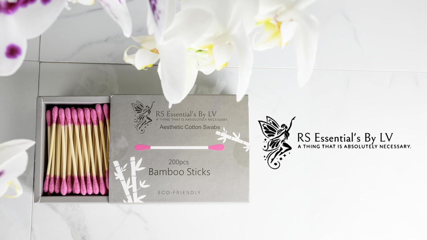 RS ESSENTIAL'S BY LV: Aesthetic Cotton Swabs Sticks Ear Swabs Bamboo swabs 200 Count Cotton Buds In 5 Colorful Colors (Hot Pink)