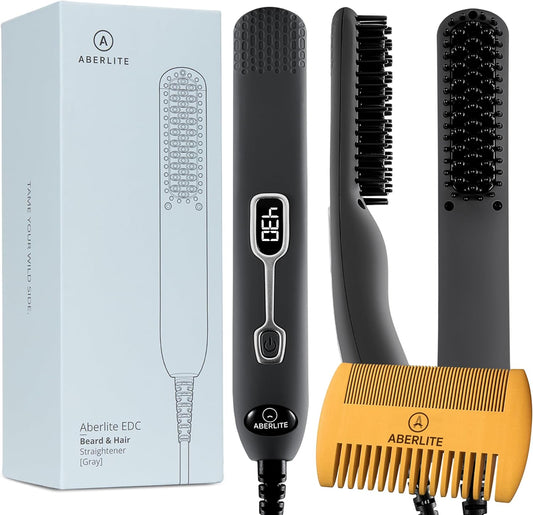Aberlite EDC - Premium Beard Straightener Brush - Professional Heated Straightening Comb and Grooming Kit for Men (Gray)