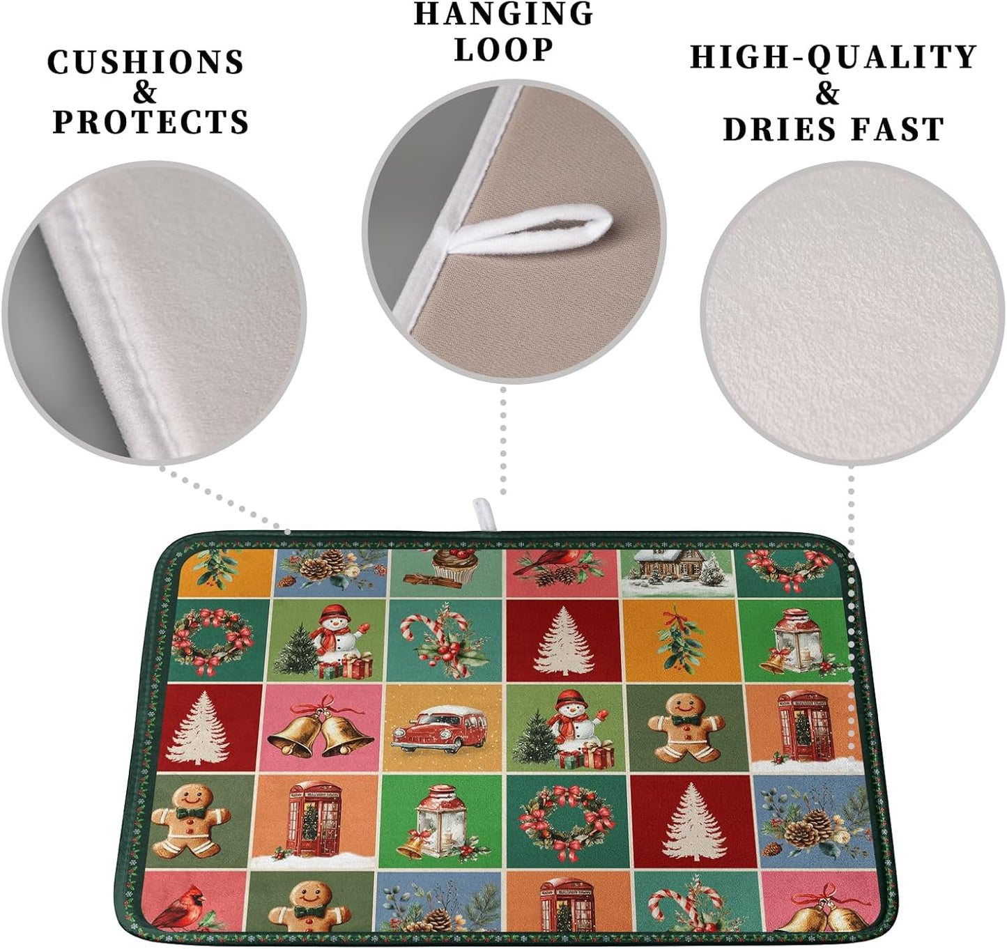 Christmas Dish Drying Mats for Kitchen Counter Cute Xmas Holiday Dish Drainer Pad Microfiber Absorbent Winter Dish Draining Mat Washable Dish Drainer Rack Mat Medium 16x18 Inch