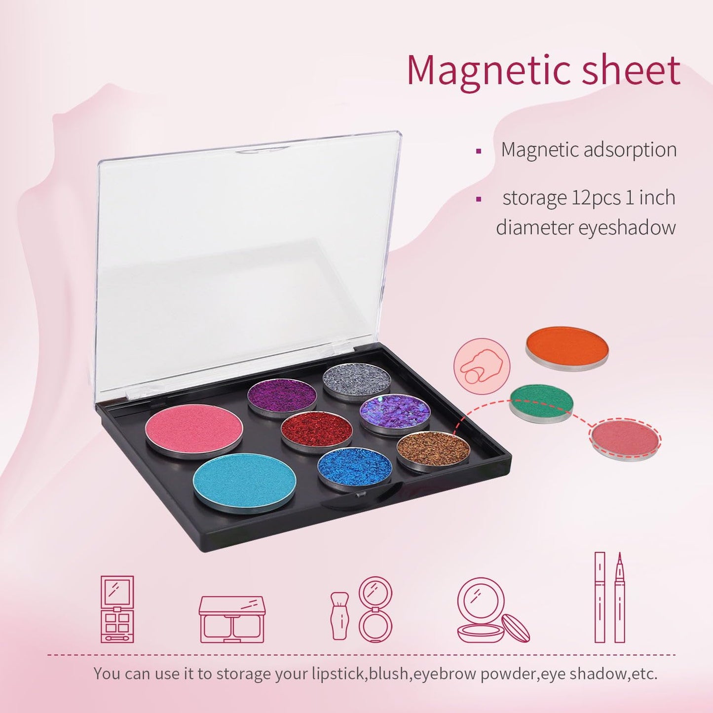 Magnetic Makeup Palette with Clear Top, Empty Eyeshadow Storage Box with 40Pcs Adhesive Metal Stickers for DIY Cosmetics Bronzer Highlights Powder (Small Palette - 4.8" x 4")