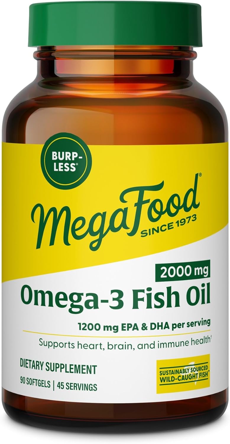 MegaFood 2000mg Fish Oil Omega 3 Supplements - Burp-Less & Lemon Oil Infused - Heart, Brain, Eye, Joint & Immune Support Supplement - 1200mg EPA & DHA Per Serving - 90 Softgels, 45 Servings