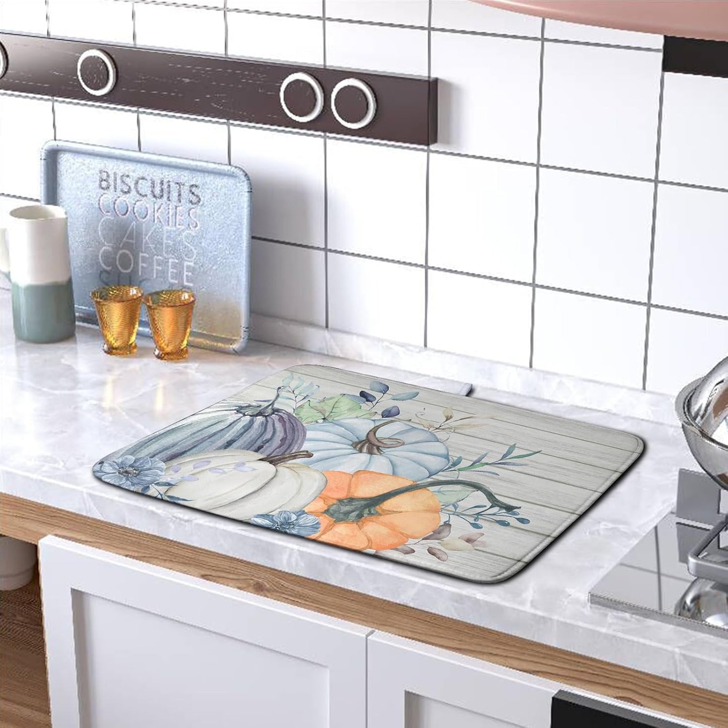 Fall Blue Orange Grey Pumpkin Kitchen Dish Drying Mat for Kitchen Counter 18x24 Inch Autumn Teal Flowers Drying Mat Thanksgiving Harvest Dish Drainer Mat Super Absorbent Dish Rack Pad for Coffee Bar