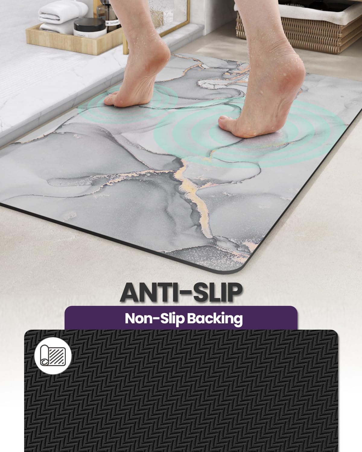 DEXI Bathroom Mat Ultra Thin, Non Slip Bath Rug for Shower Floor, Absorbent Quick Dry Marble Bathmats Low Profile, 17x43, Light Grey