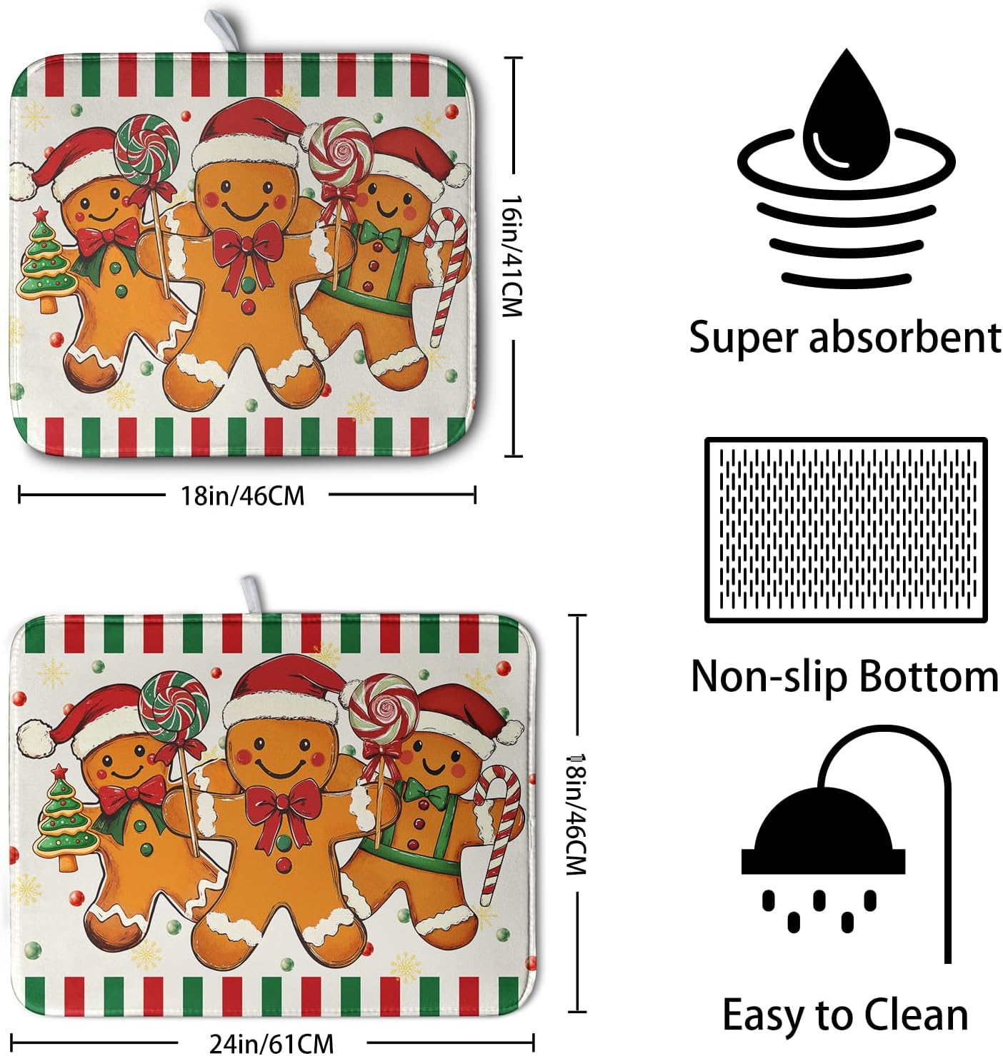Christmas Dish Drying Mat Gingerbread Man Candy Cane Xmas Tree Drying Mats for Kitchen Counter Winter Holiday Dish Drainer Pad Absorbent Microfiber Dish Draining Mat 18x24 Inch