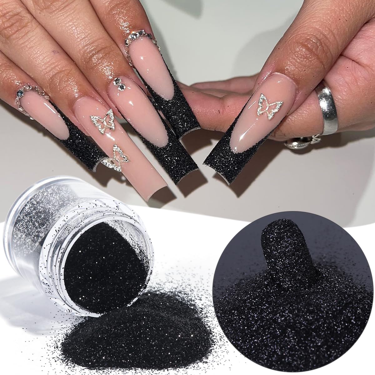 Black White Nail Glitter Powder, 6 Jars Extra Fine Sugar Glitter for Nails, French Tips Dipping Powder, Sugar Sand Coating Effect Sweater Knit Nail Design, Winter Nail Decoration Supplies
