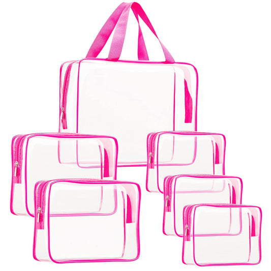 6Pcs Crystal Clear PVC Travel Toiletry Bag Kit for Women Men, Waterproof Vinyl Packing Organizer Storage Bags with Zipper Handle Straps, Cosmetic Pouch Carry on Airport Airline Compliant Bag Handbag