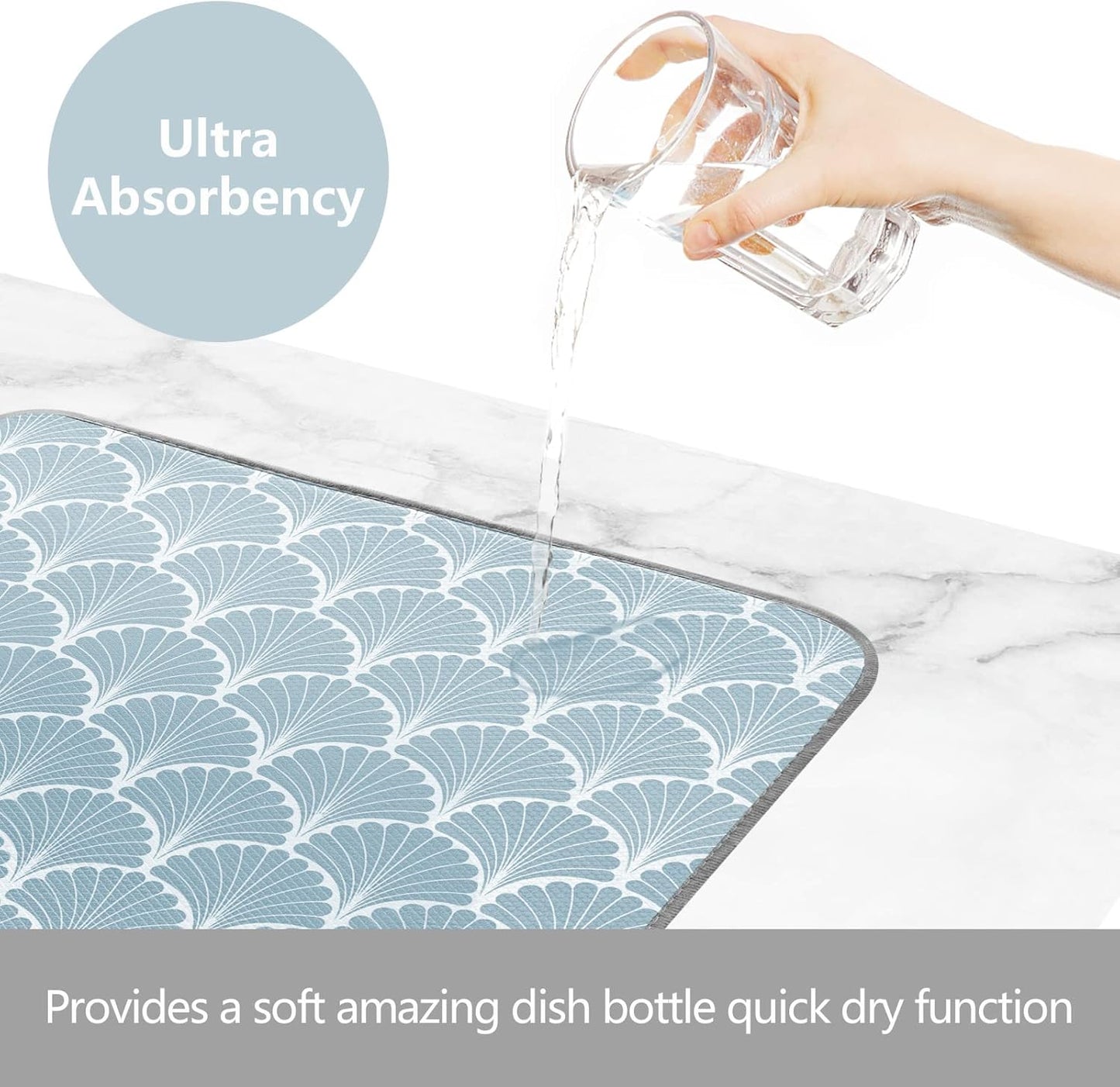 SHIYUE Dish Drying Mat for Kitchen Counter Super Absorbent Spring Kitchen Decor Microfiber Drying Matainers Rack Fast Pad Dish Drainer Mats(Aqua Blue Shell Geometric,16''x18'')