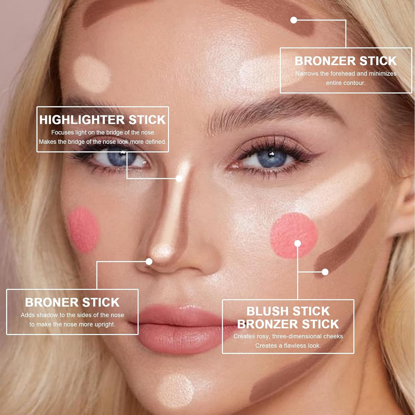 3 Colors Cream Contour Stick, Shades with Highlighter Stick,Blush Stick and Bronzer Contour Stick for Sculpt the Cheeks,Long Lasting,Waterproof,Matte & Dewy Finish for Women (LIGHT(1+3+4))