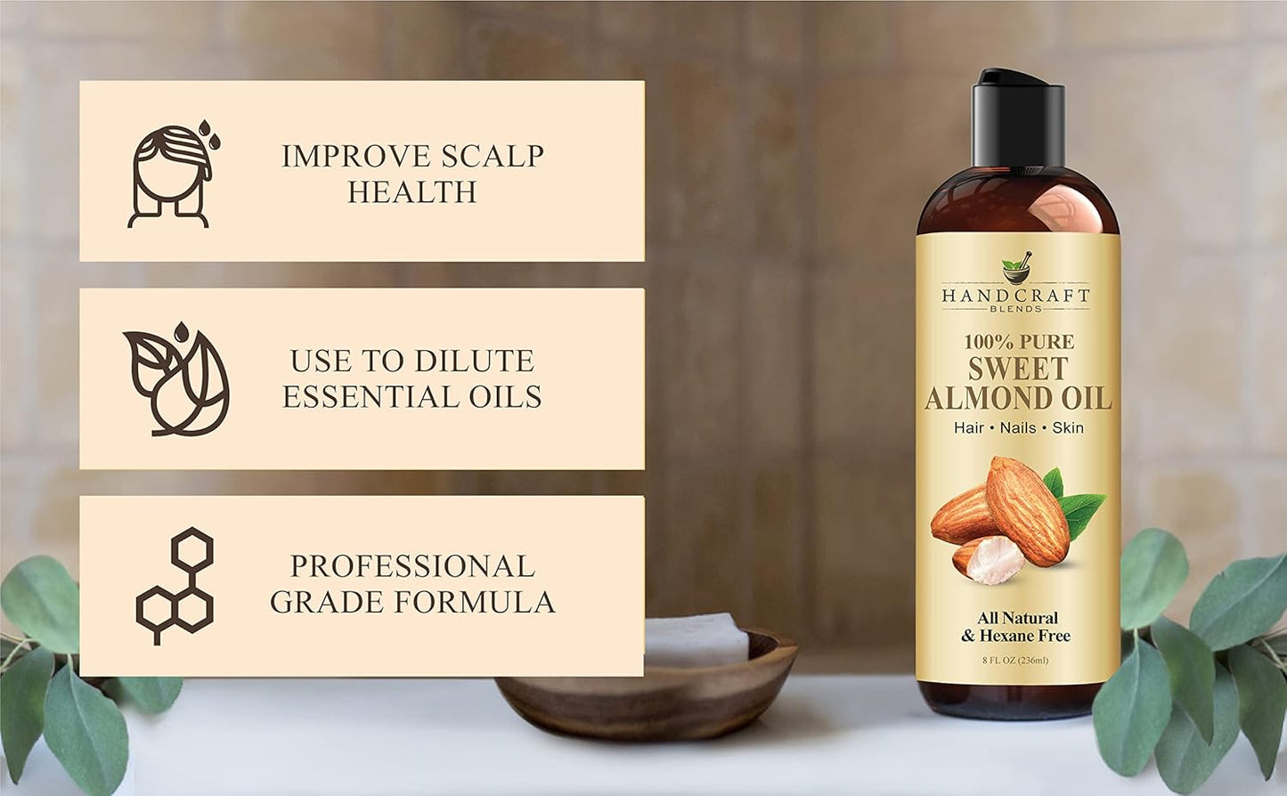 Handcraft Blends Sweet Almond Oil - 8 Fl Oz - 100% Pure and Natural - Premium Grade Carrier Oil for Skin and Hair - Hair and Body - Massage - Hexane-Free
