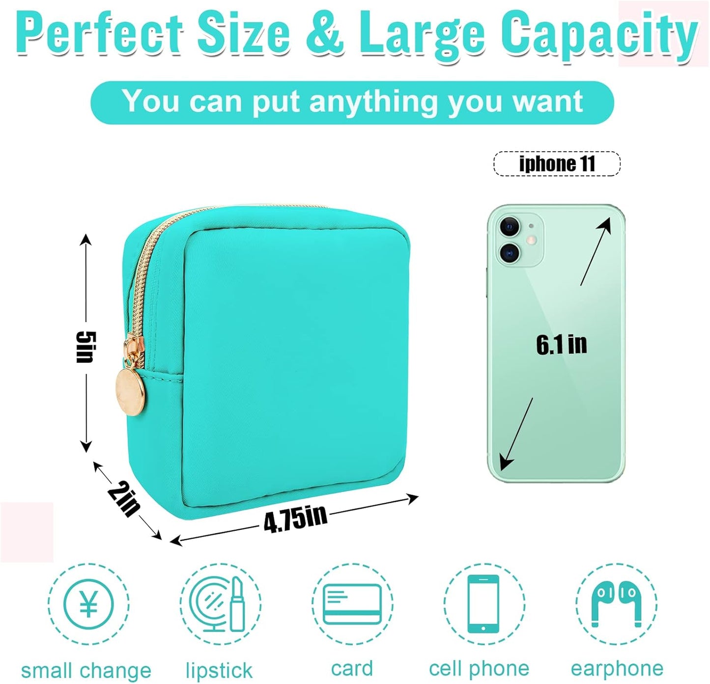 Nylon Mini Makeup Bag for Purse, Preppy Small Cute Makeup Bag Cosmetic Zipper Pouch Purse, Waterproof Travel Coin Pouch Sanitary Napkin Storage Bag Clutch Make Up Organizer for Women Men Girls(Mint)