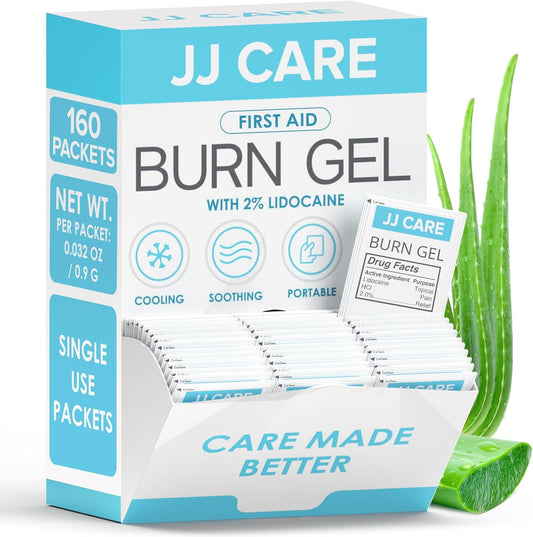 JJ CARE Burn Gel (Pack of 160), Soothing Burn Gel Packets for Minor Burns, First Aid Jel & Sunburn Relief Individual Packets with Lidocaine and Aloe Vera (0.9 Grams per Packet)