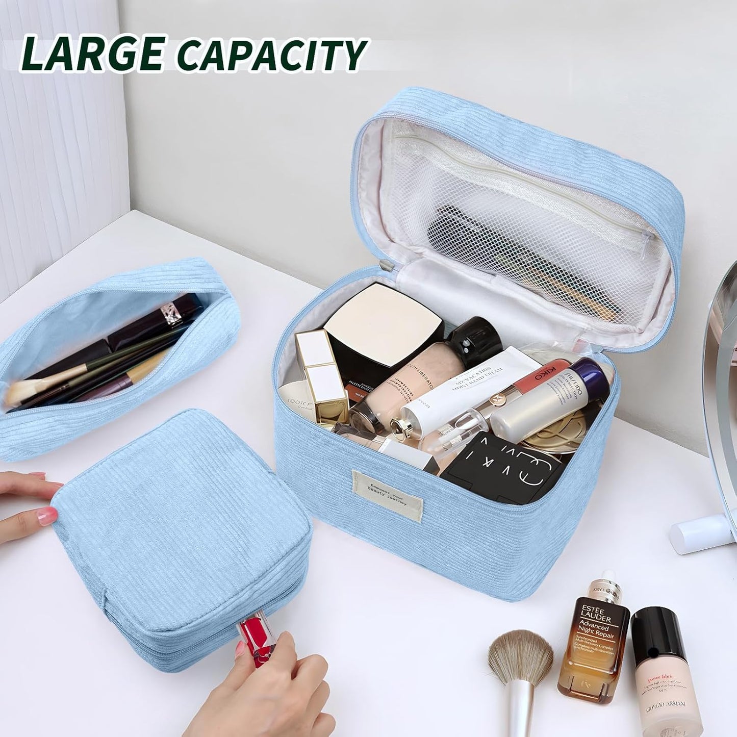 4 Pcs Makeup Bag for Women Corduroy Cosmetic Bag Aesthetic Cute Bags Multi Size Purse Pouch Travel Toiletry Bag Set Makeup Organizer with Zipper (07-Blue)