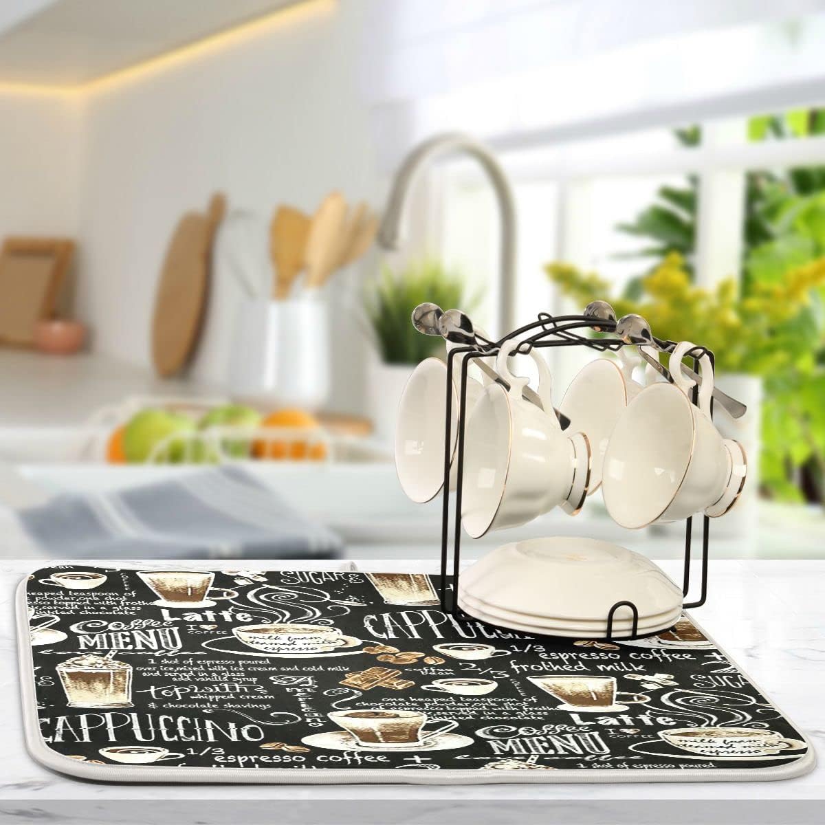 Coffee Black Dish Drying Mat for Kitchen Coffee Beans Maker Cappuccino Latte Chocolate Microfiber Drying Mats Absorbent Reversible Dish Pad Large Dish Draining Mat 18x24 inch