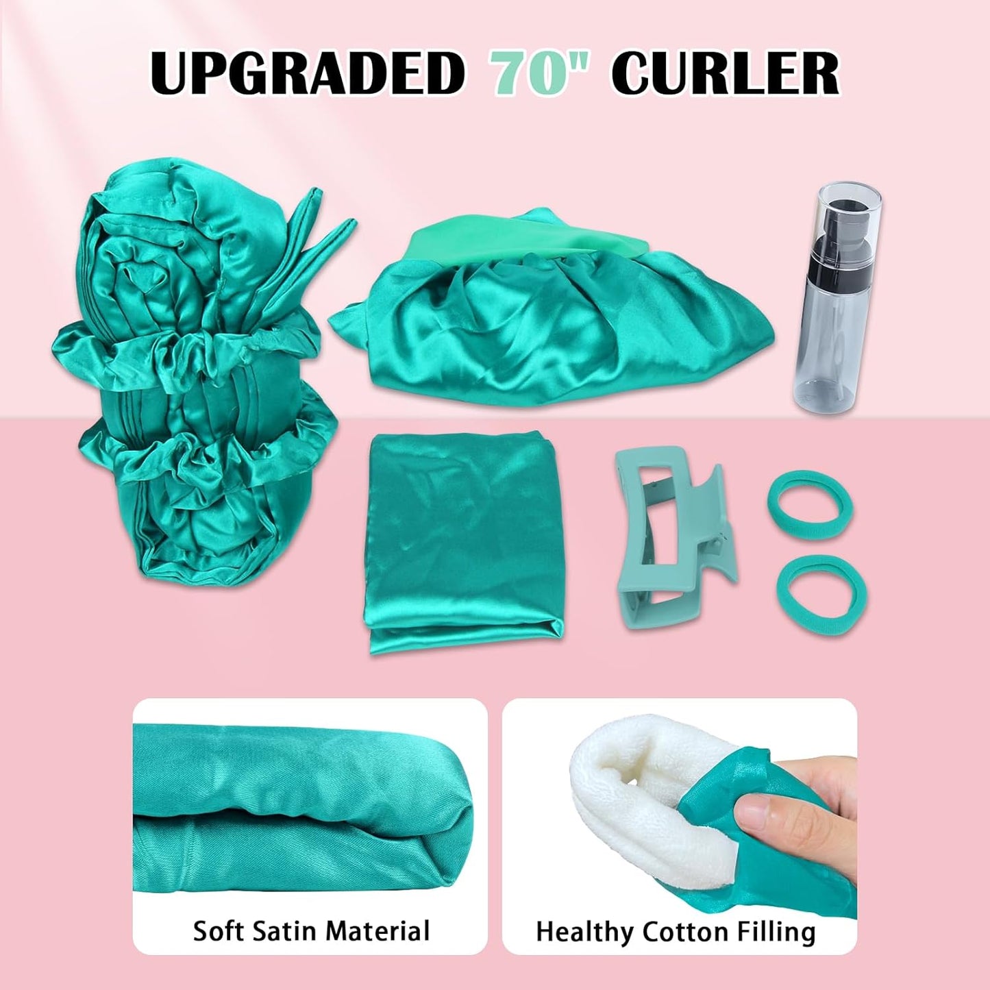 Satin Heatless Curls Overnight Hair Curlers to Sleep In Hair Curler Rollers No Heat Hair Wrap for Curls Headband, 70" Satin Heatless Curling Rod Set for Women Long Waves Hair Volume -Green 9PCS