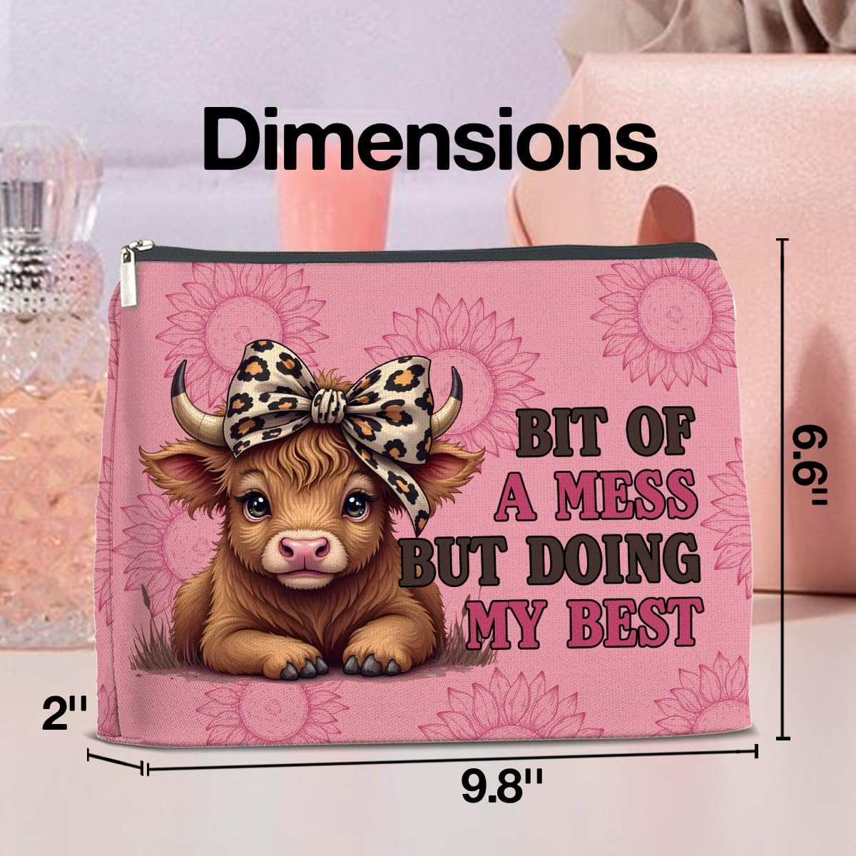 Inspirational Highland Cow Makeup Bag Gifts for Women Wild West Enthusiasts Pink Highland Cow Cosmetic Bag Zipper Pouch