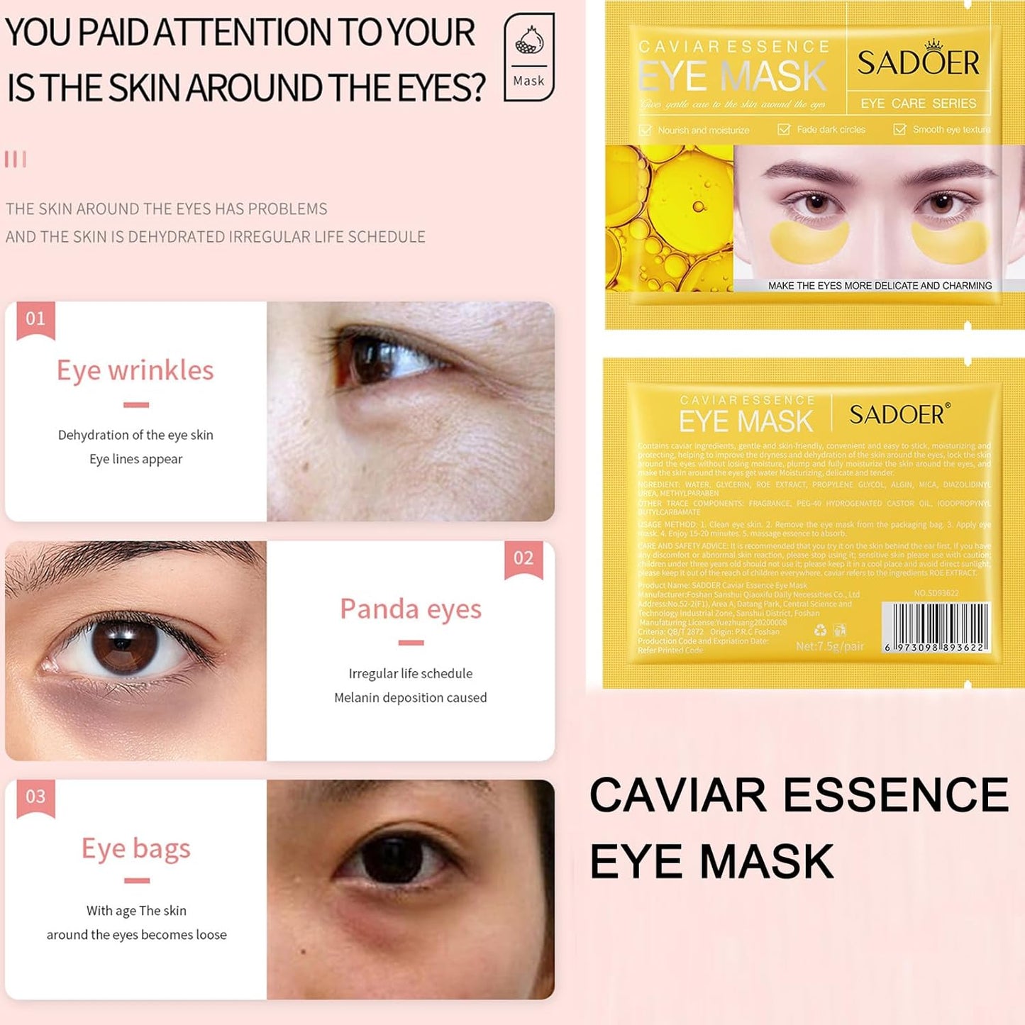 MEICOLY 30 Pads Lip and Eye Mask Sheet,Moisturizing Gold Caviar Under Eye Mask Strawberry Lip Mask,Crystal Anti-Aging Eye Patches Dark Circle Remover with Box,Eye and Lip Mask Set