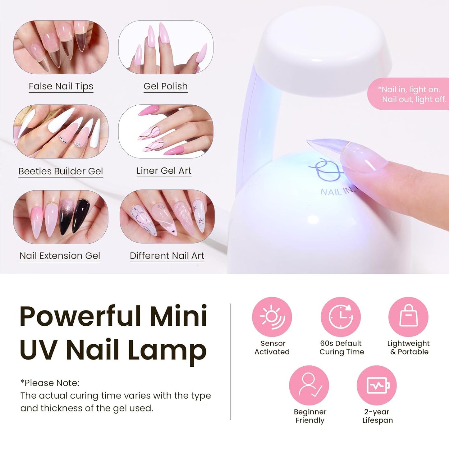 Beetles Tipex Instant Apex Nail Tips Kit Halloween Nails, Medium Stiletto, 224 Pcs 16 Sizes Pre-Building Pre-Etched False Nail Tips with Tipex Nail Glue, Mini Nail Lamp