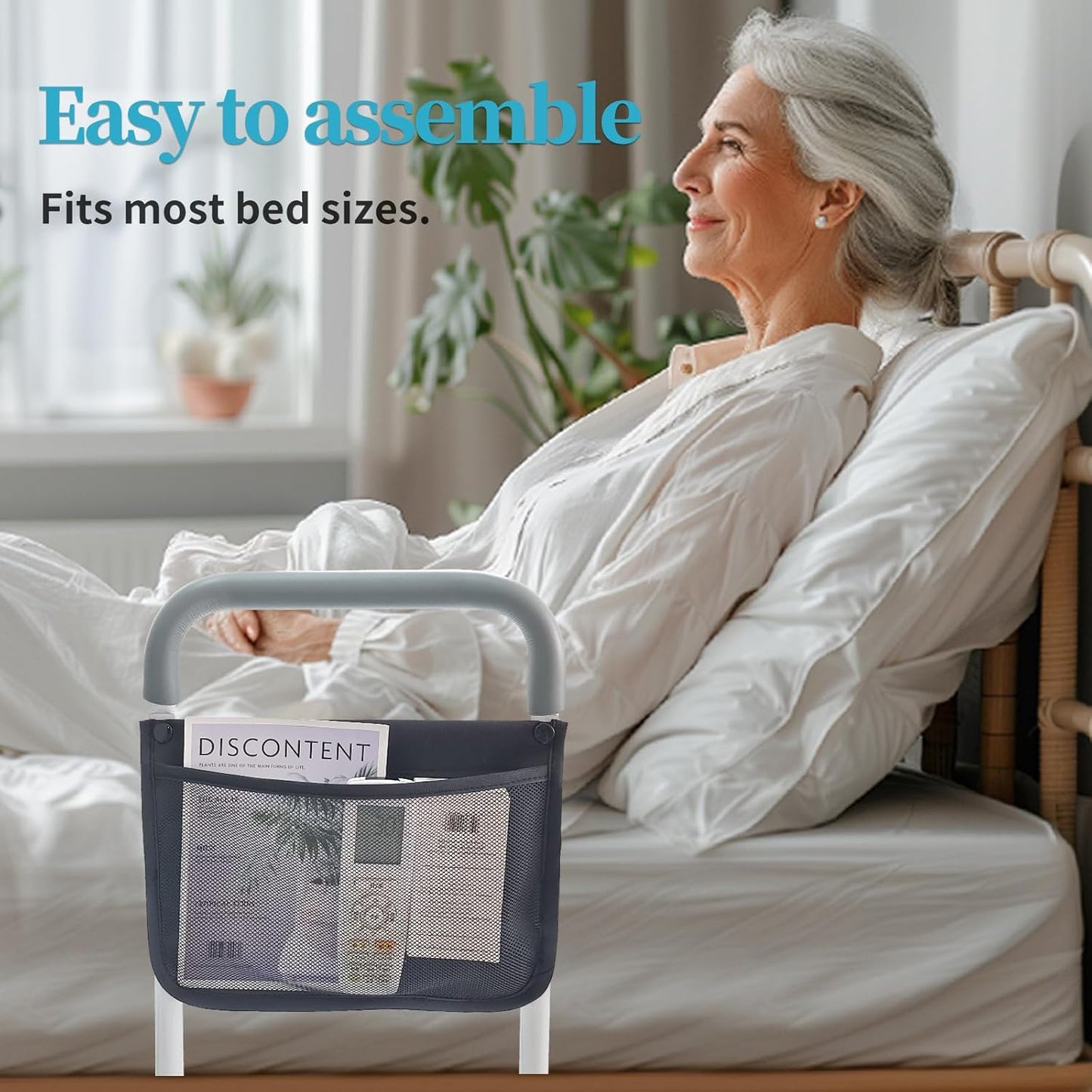 Bed Rails for Elderly Adults Safety Height Adjustable Bed Assist Rail for Seniors Bedside Fall Prevent Grab Bar with Storage Pocket Fits King Queen Full Twin Bed(Light Grey Handle)