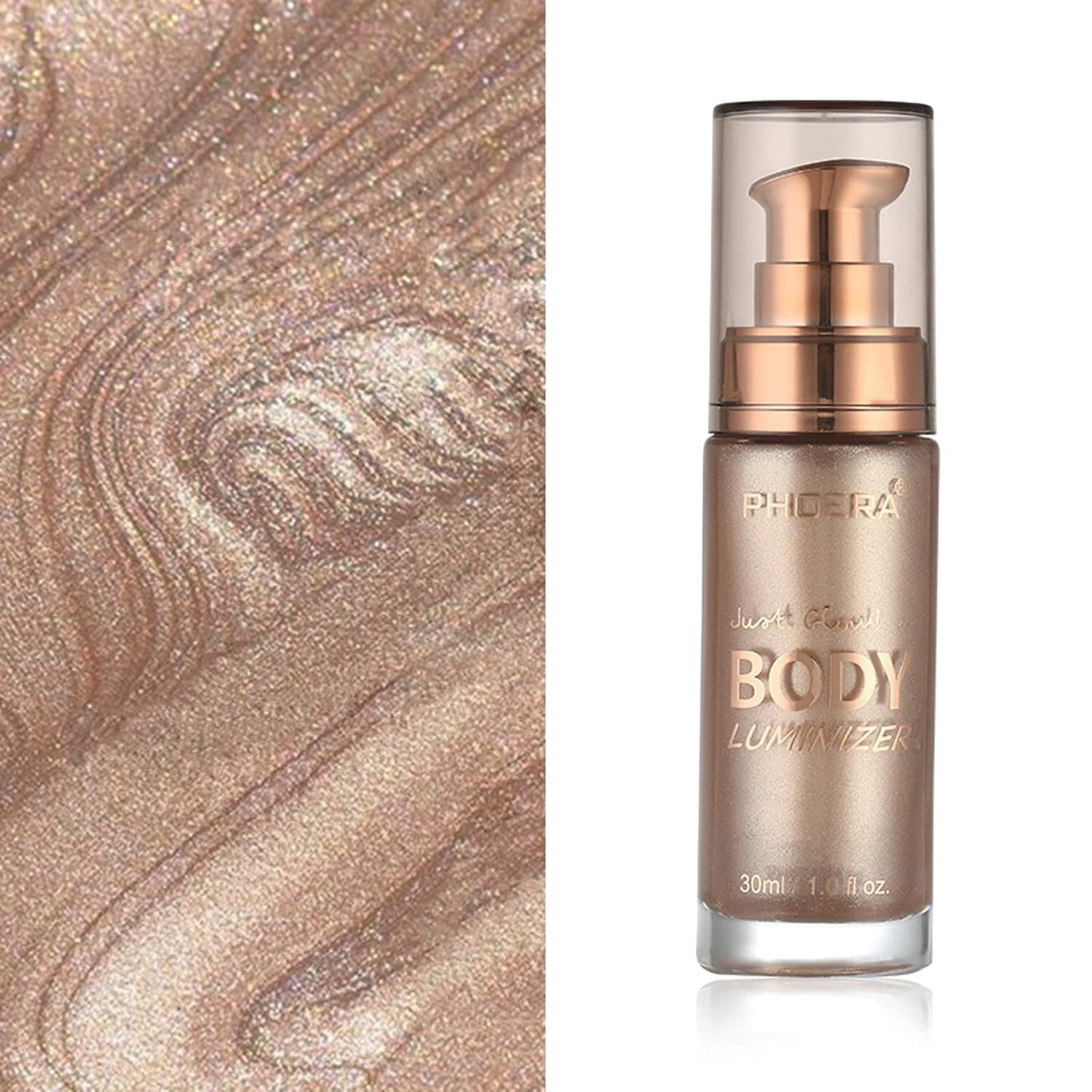Body Shimmer Oil, Rose Gold Natural Glow Luminizer, Long Lasting Waterproof Moisturizing Liquid Illuminator Highlighter Makeup for a Sun-Kissed Glow, Brush Include, 1oz, Light Medium